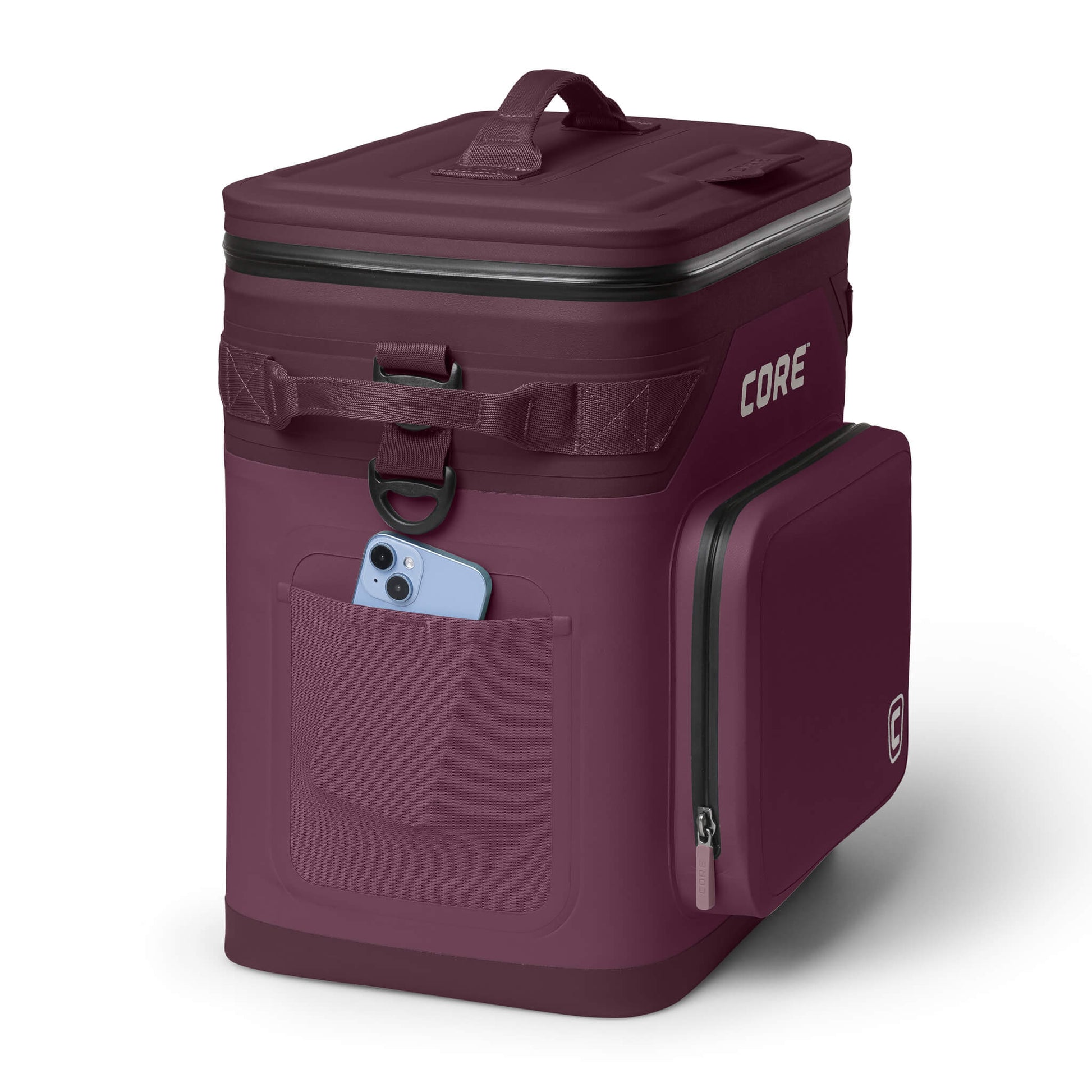 CORE Climakeep 36 Can Cooler in Mulberry with a mesh side pocket holding a phone and a waterproof build.