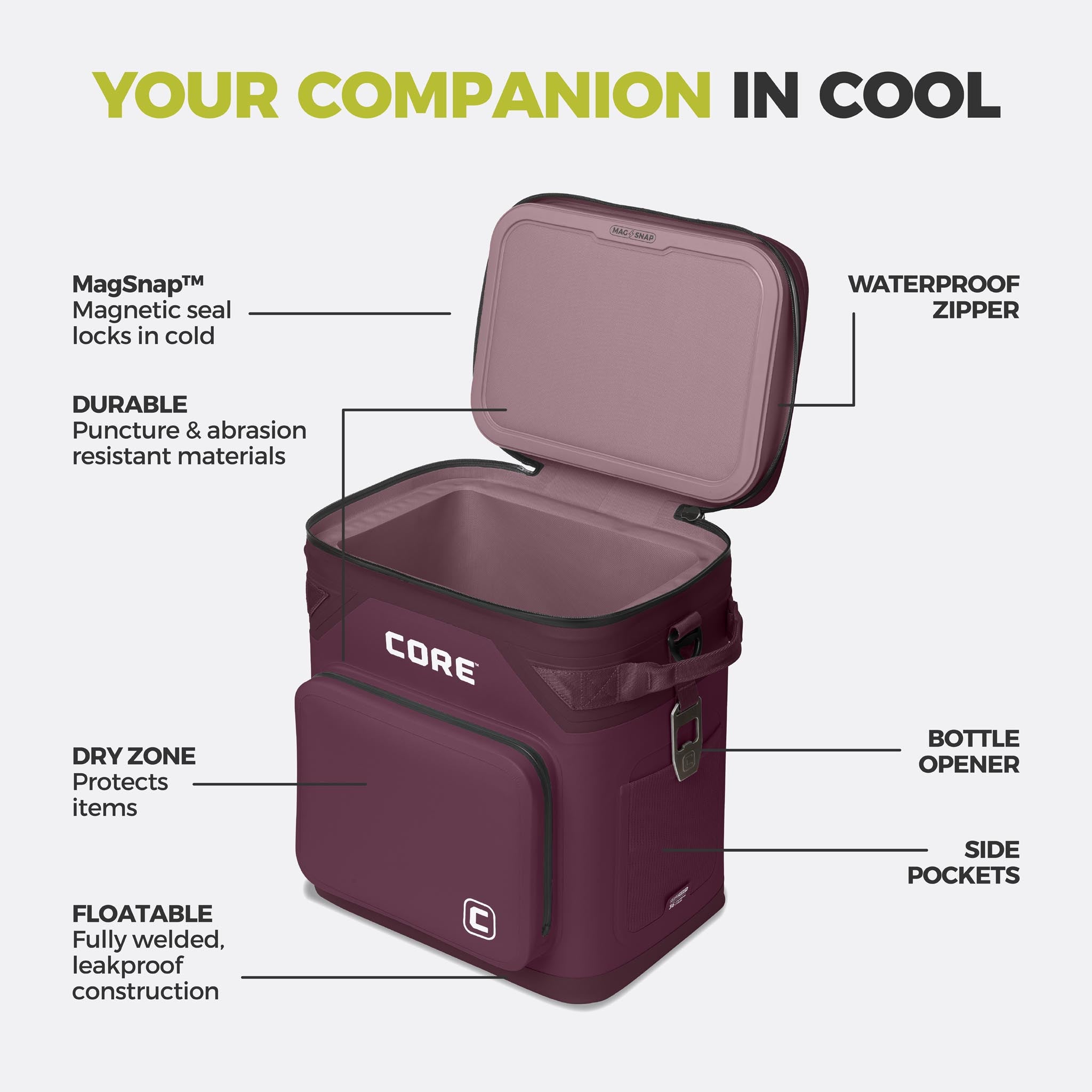 CORE 36 can Climakeep mulberry cooler with waterproof zipper, magnetic seal, dry zone, bottle opener, side pockets, and durable build.