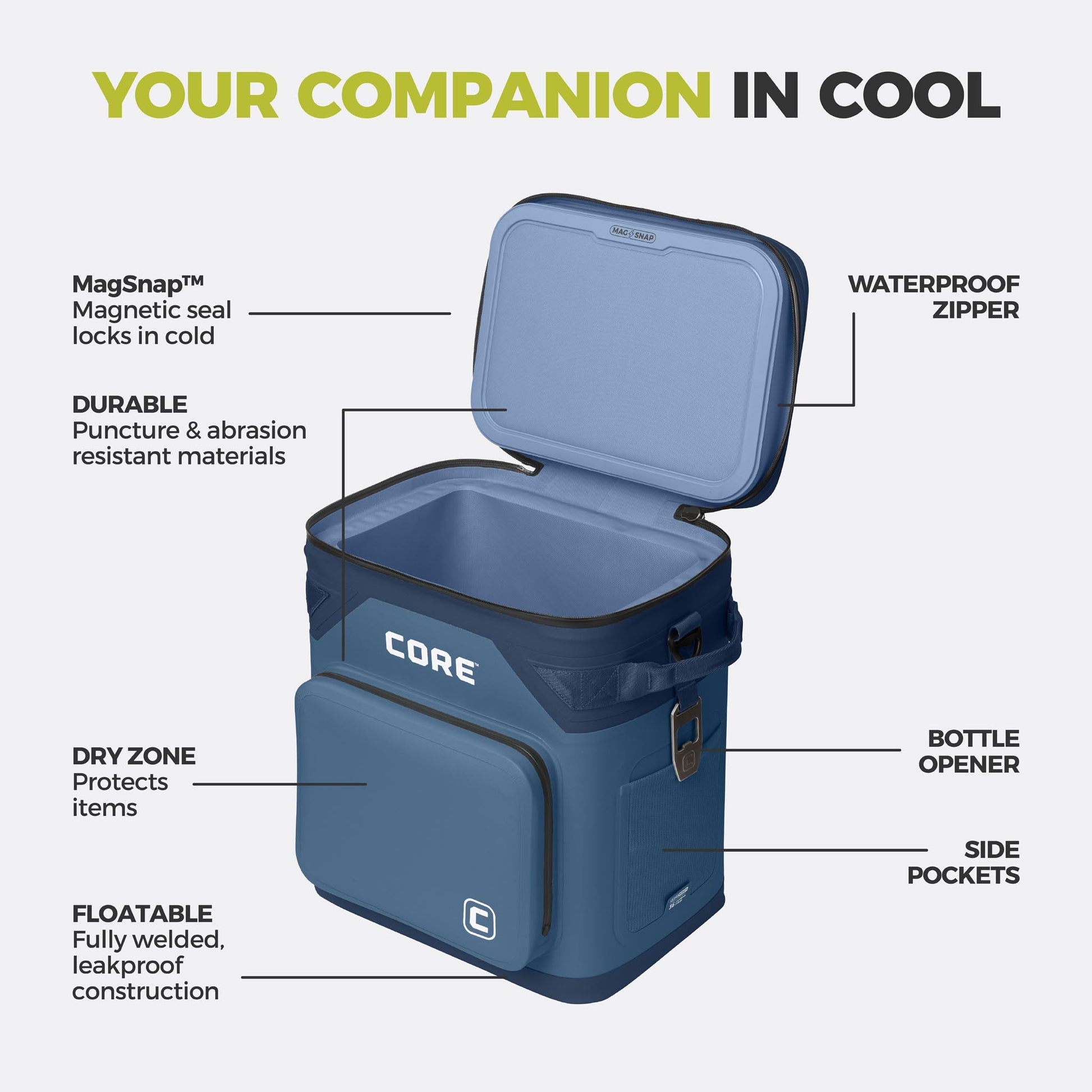 CORE 36 can Climakeep navy cooler with waterproof zipper, magnetic seal, dry zone, bottle opener, side pockets, and durable build.