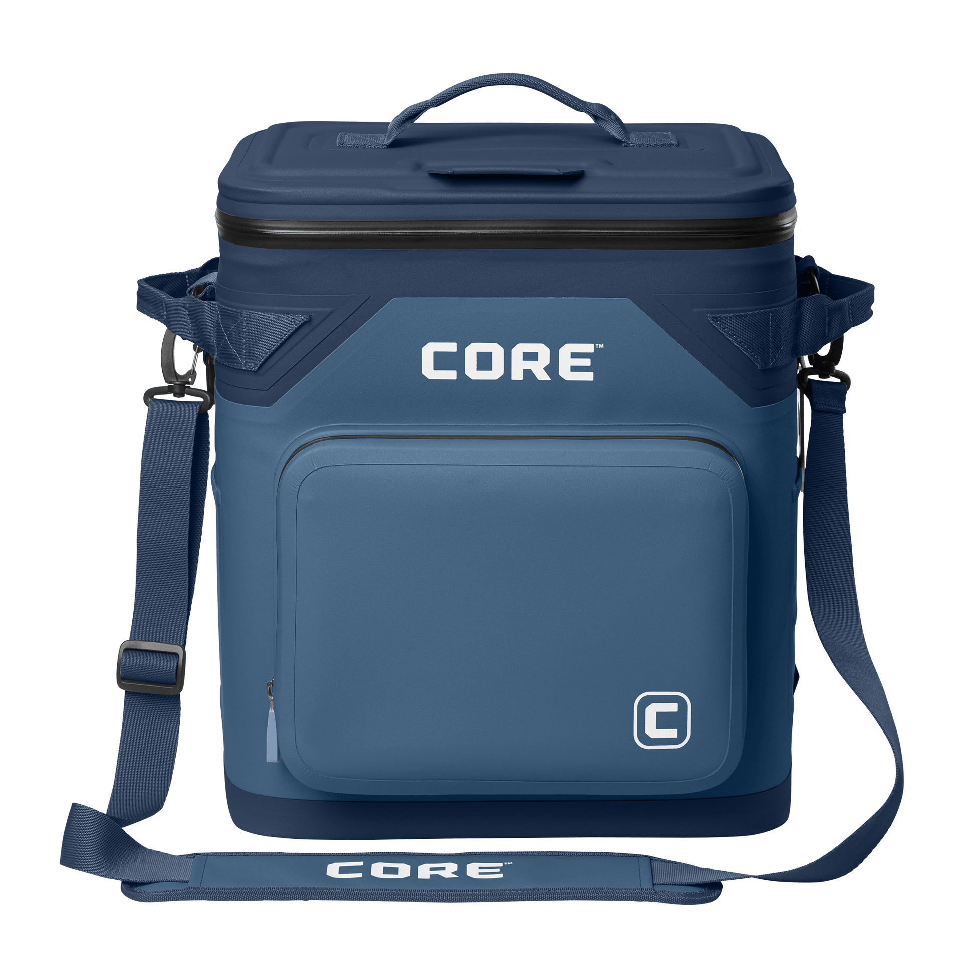 CORE Climakeep 36 can cooler front view in navy with a waterproof design and a shoulder strap.