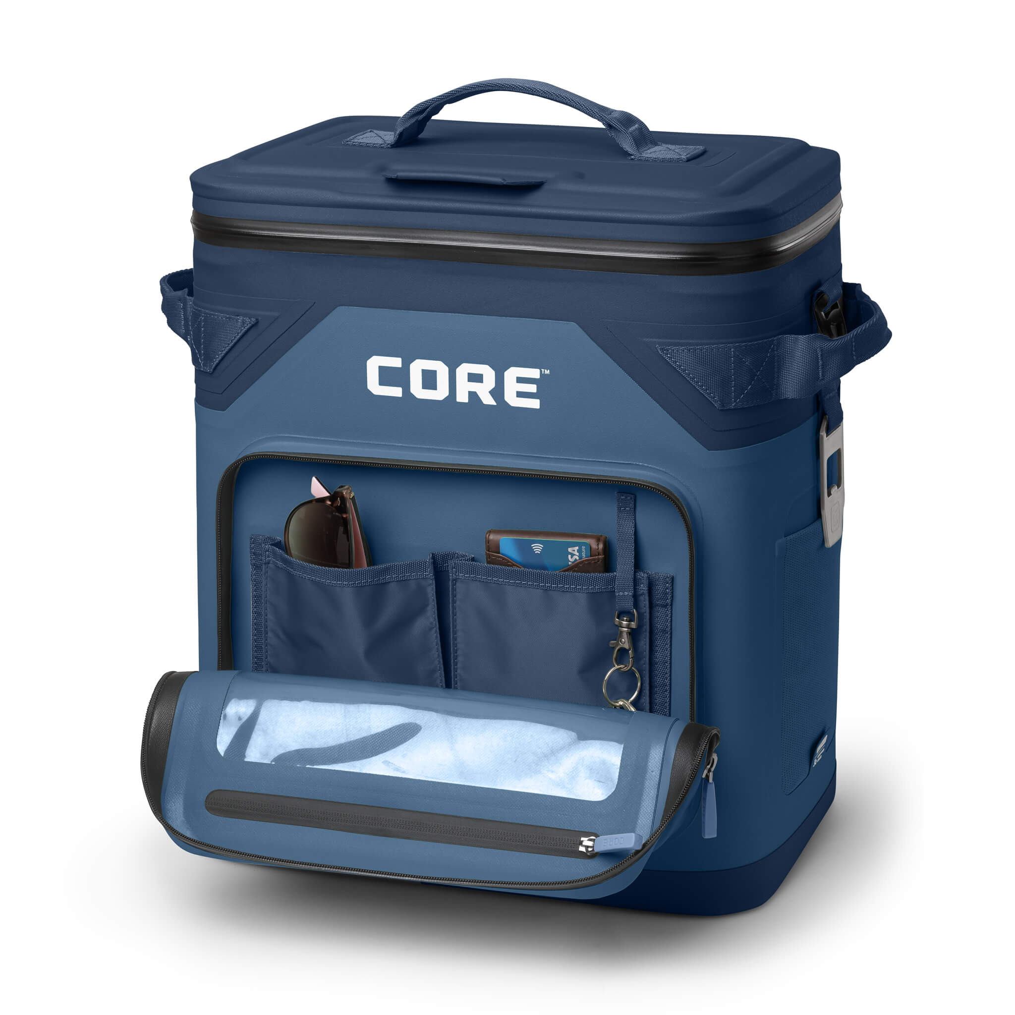 CORE Climakeep 36 Can Cooler in Navy with front pocket open, side bottle opener, and waterproof design.