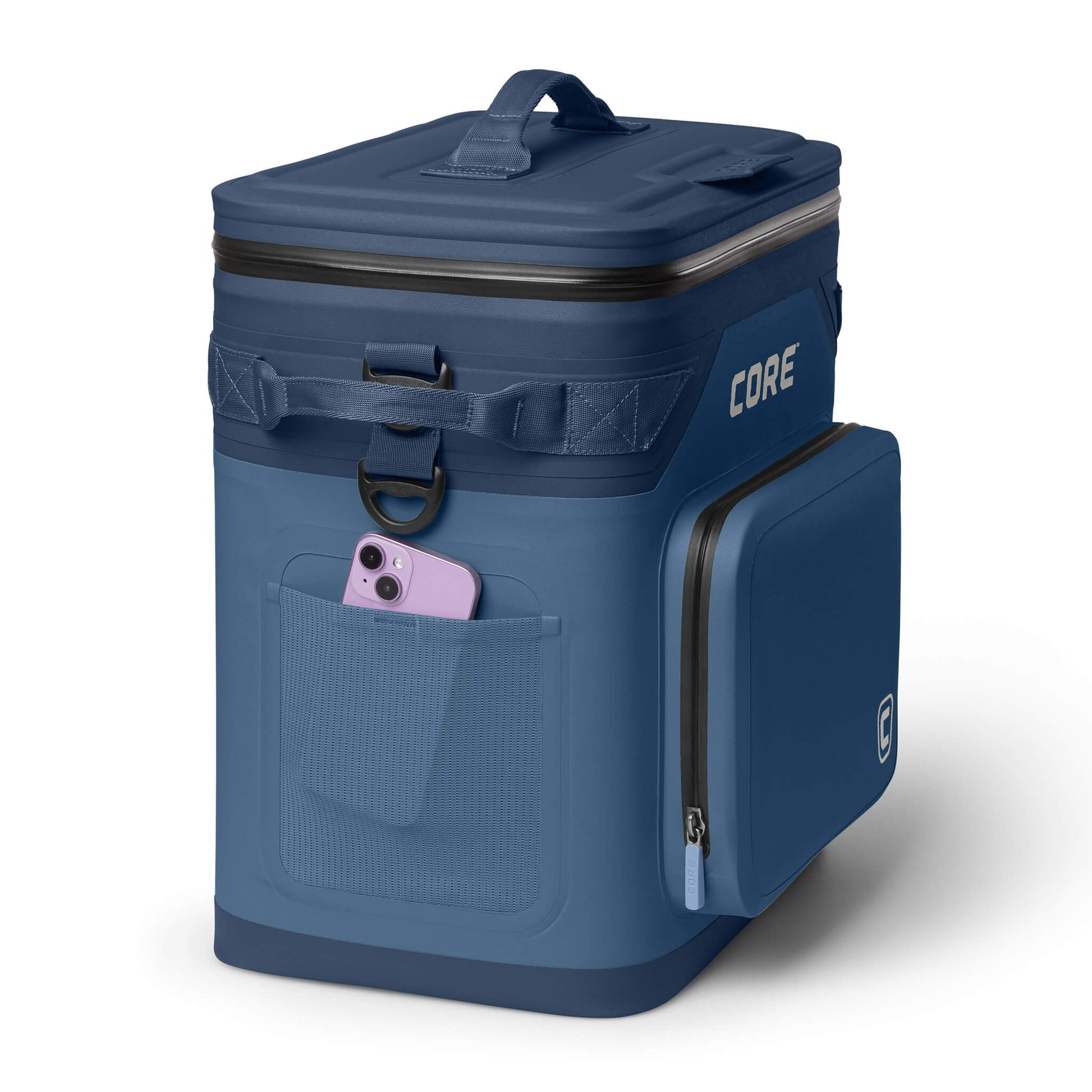 CORE Climakeep 36 Can Cooler in Navy with a mesh side pocket holding a phone and a waterproof build.
