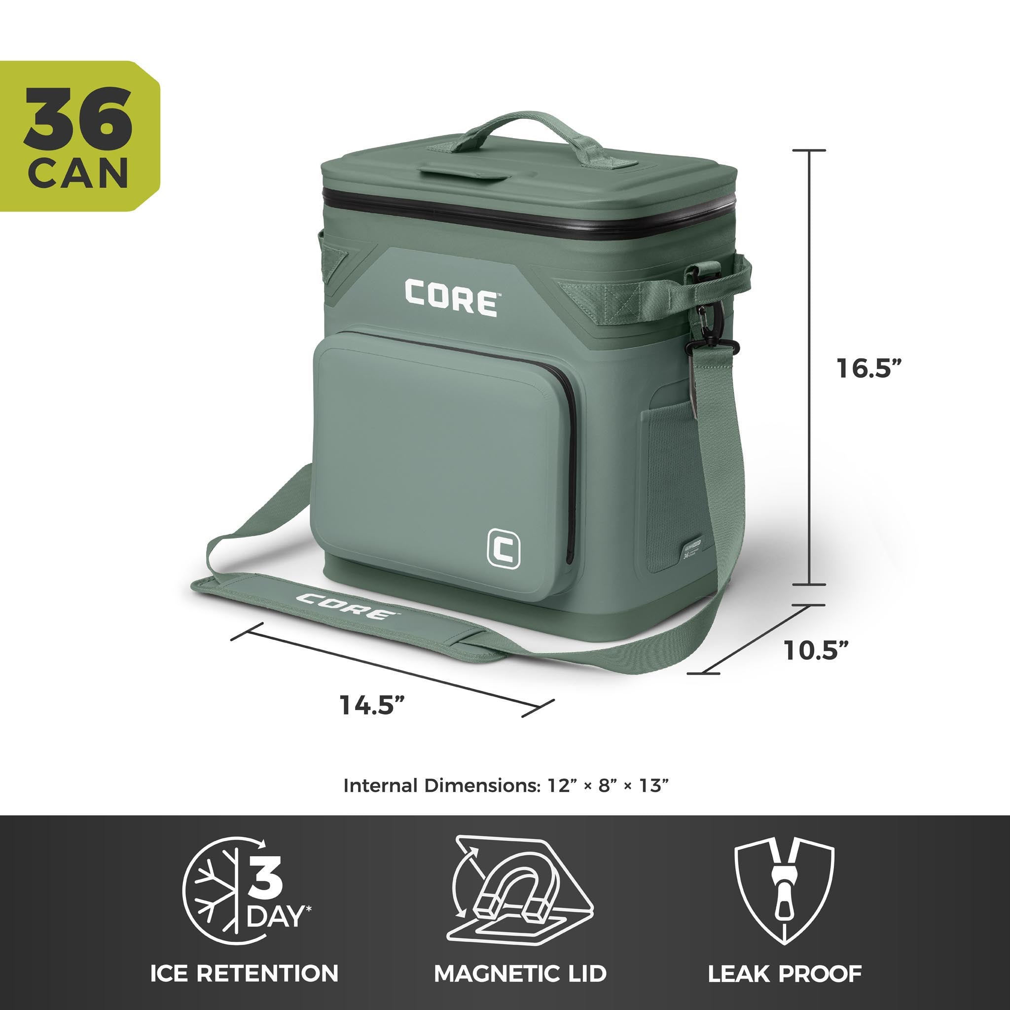 CORE Climakeep 36 can sage cooler, 16.5 x 14.5 x 10.5 in, with 3-day ice retention, magnetic lid, and leakproof design.