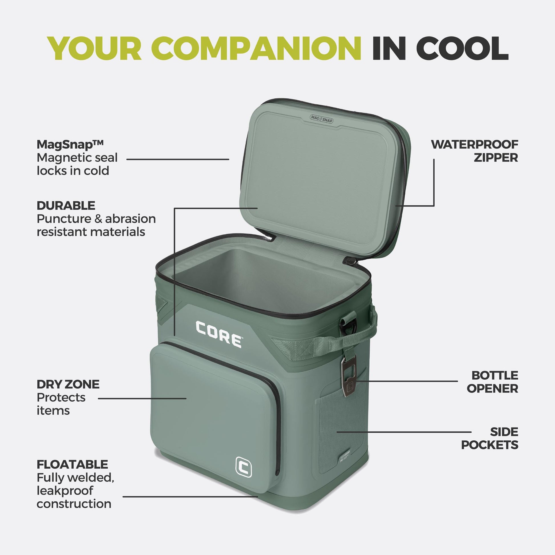 CORE 36 can Climakeep sage cooler with waterproof zipper, magnetic seal, dry zone, bottle opener, side pockets, and durable build.