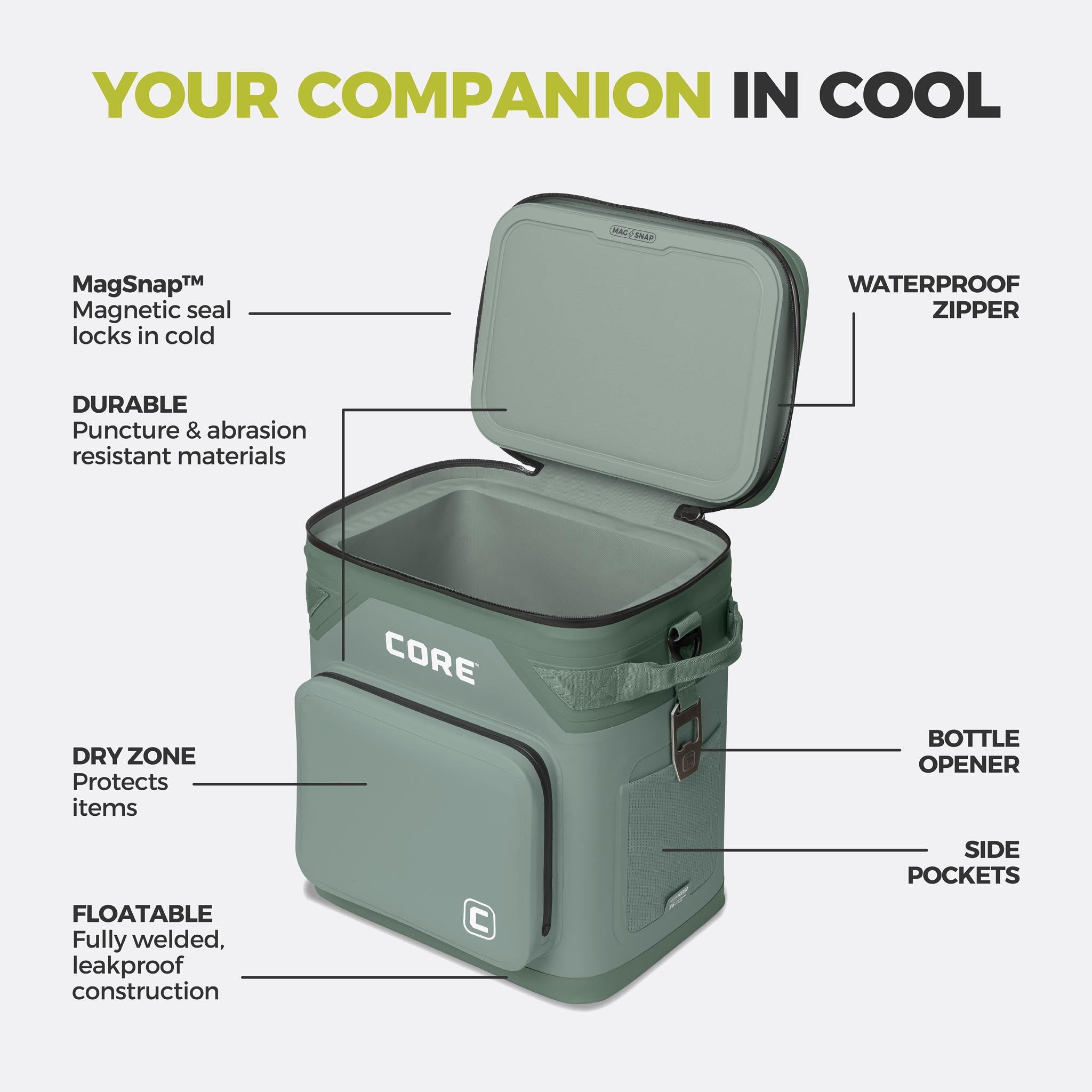 CORE 36 can Climakeep sage cooler with waterproof zipper, magnetic seal, dry zone, bottle opener, side pockets, and durable build.
