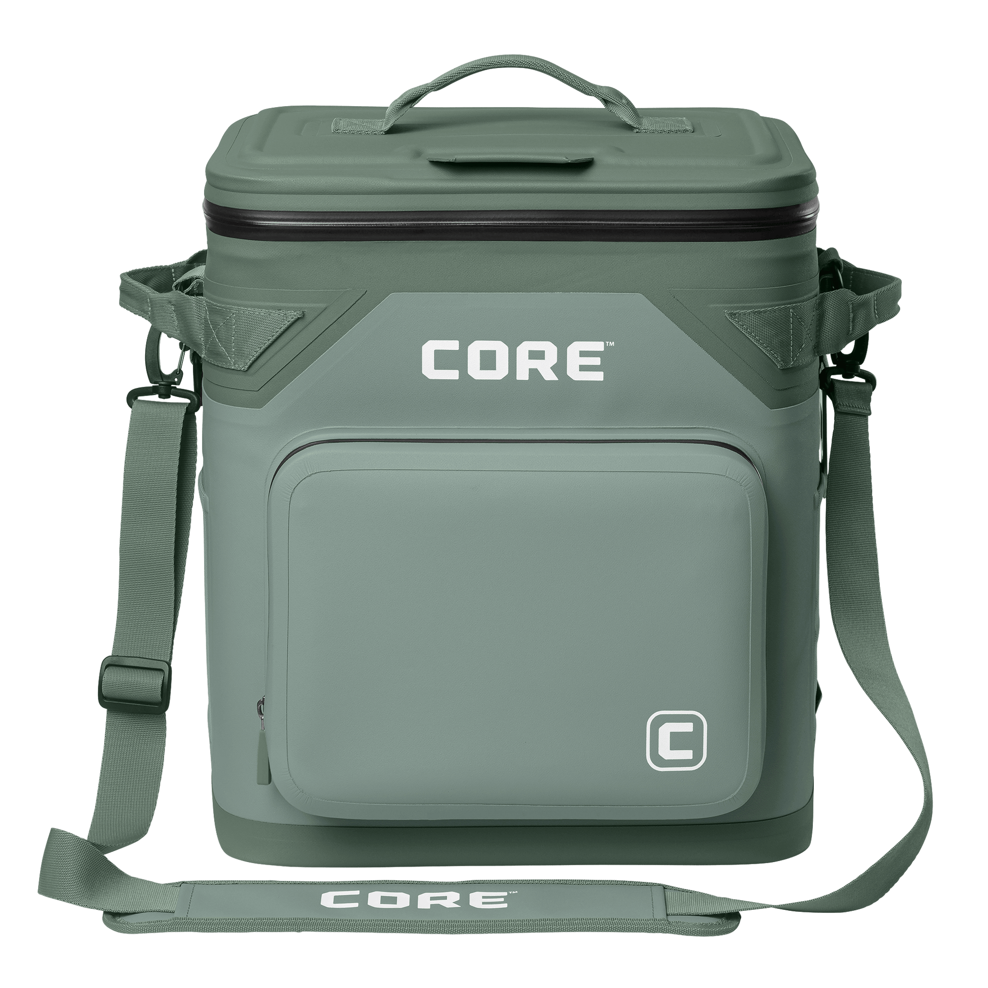 CORE Climakeep 36 can cooler front view in sage with a waterproof design and a shoulder strap.