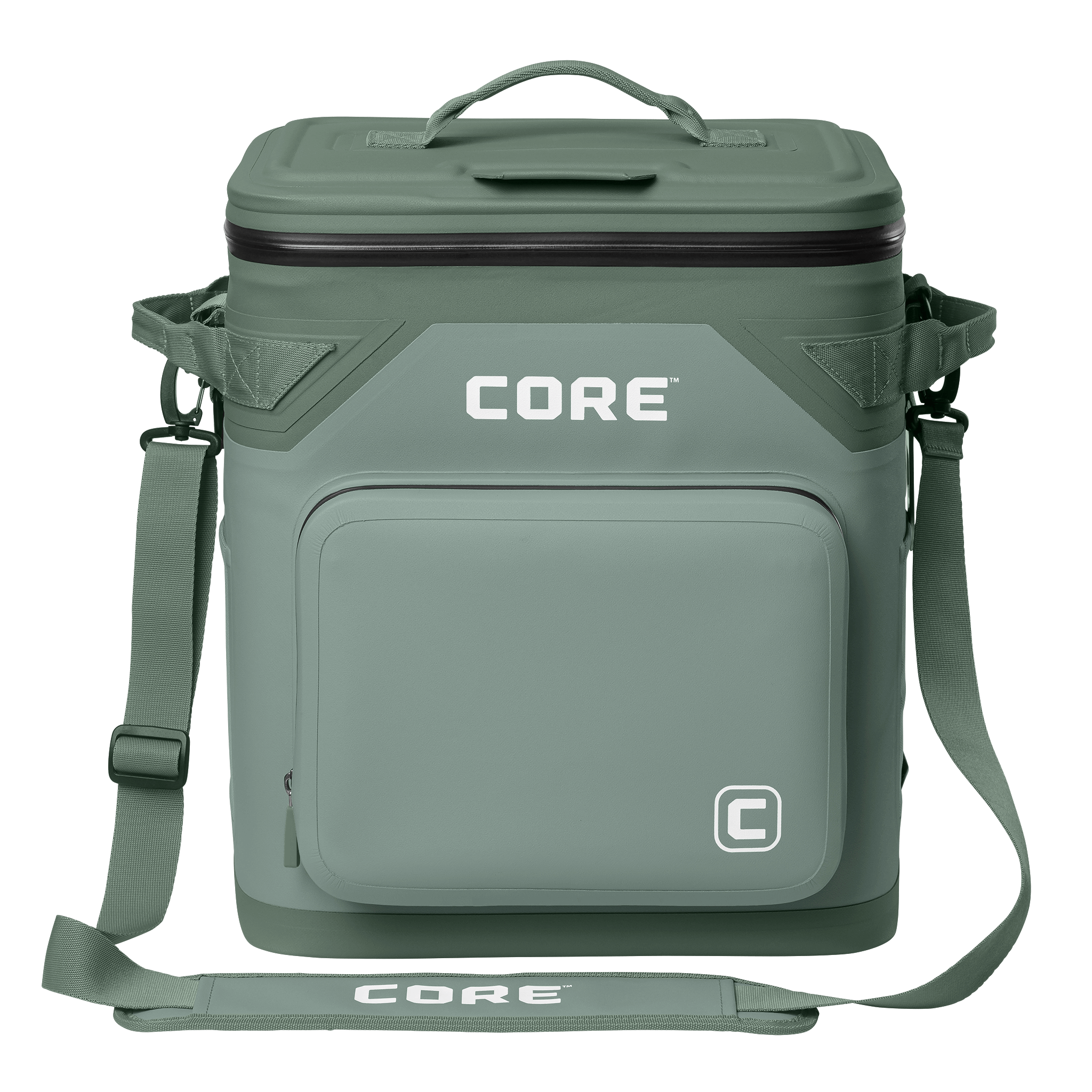CORE Climakeep 36 can cooler front view in sage with a waterproof design and a shoulder strap.