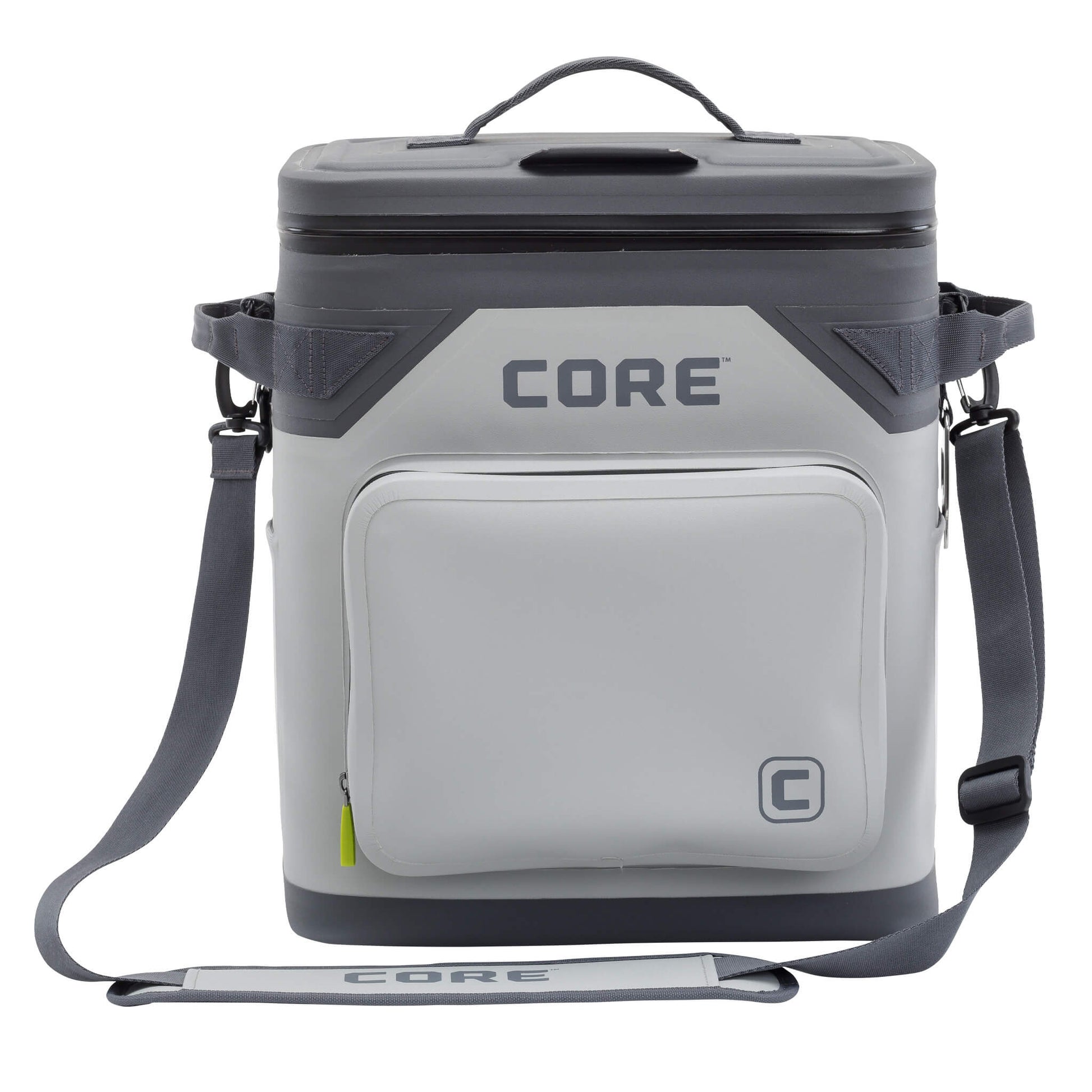 CORE Climakeep 36 can cooler front view in shadow gray with a waterproof design and a shoulder strap.