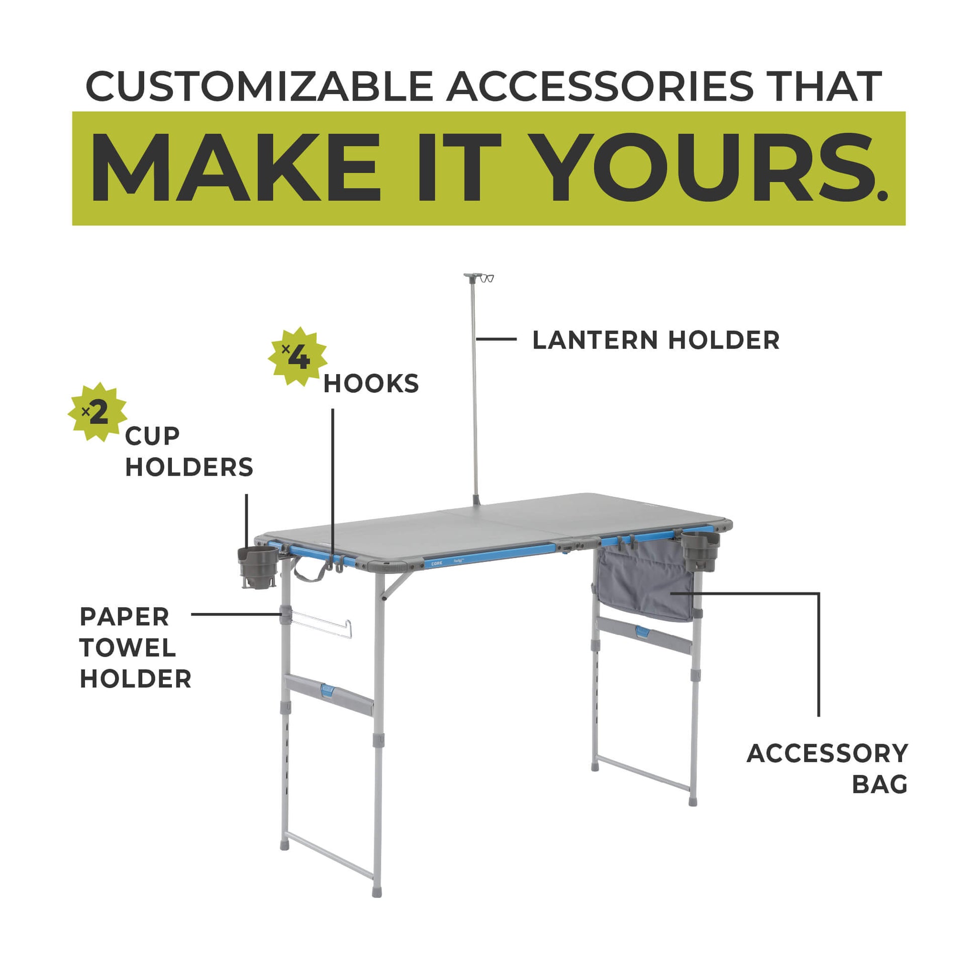 Diagram showing CORE camp table with cup holders, hooks, lantern holder, and paper towel holder.