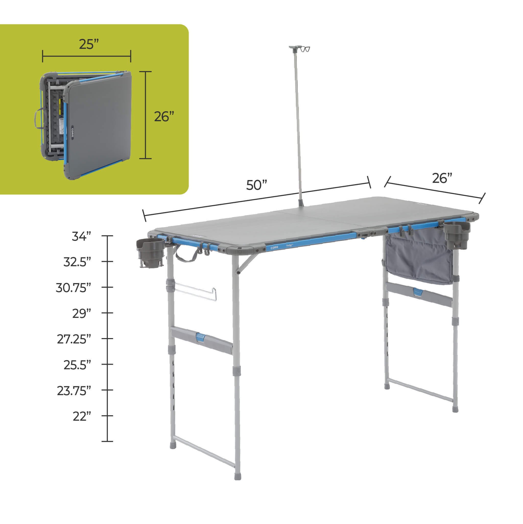 CORE camp table with dimensions 50 x 26 inches, adjustable heights from 22 to 34 inches, and compact 25 x 26 inch folded.