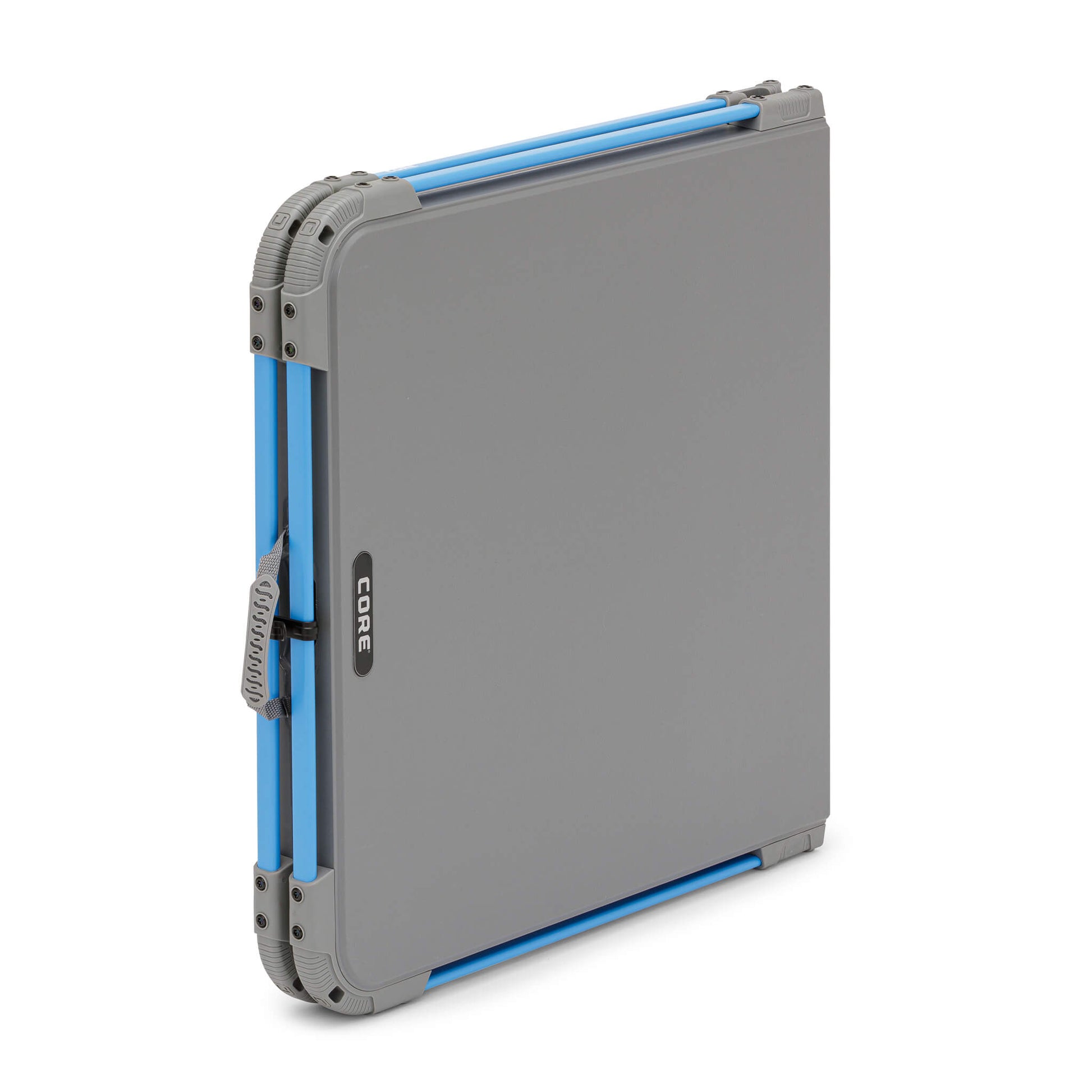 CORE folding camp table shown folded for compact transport and easy storage.