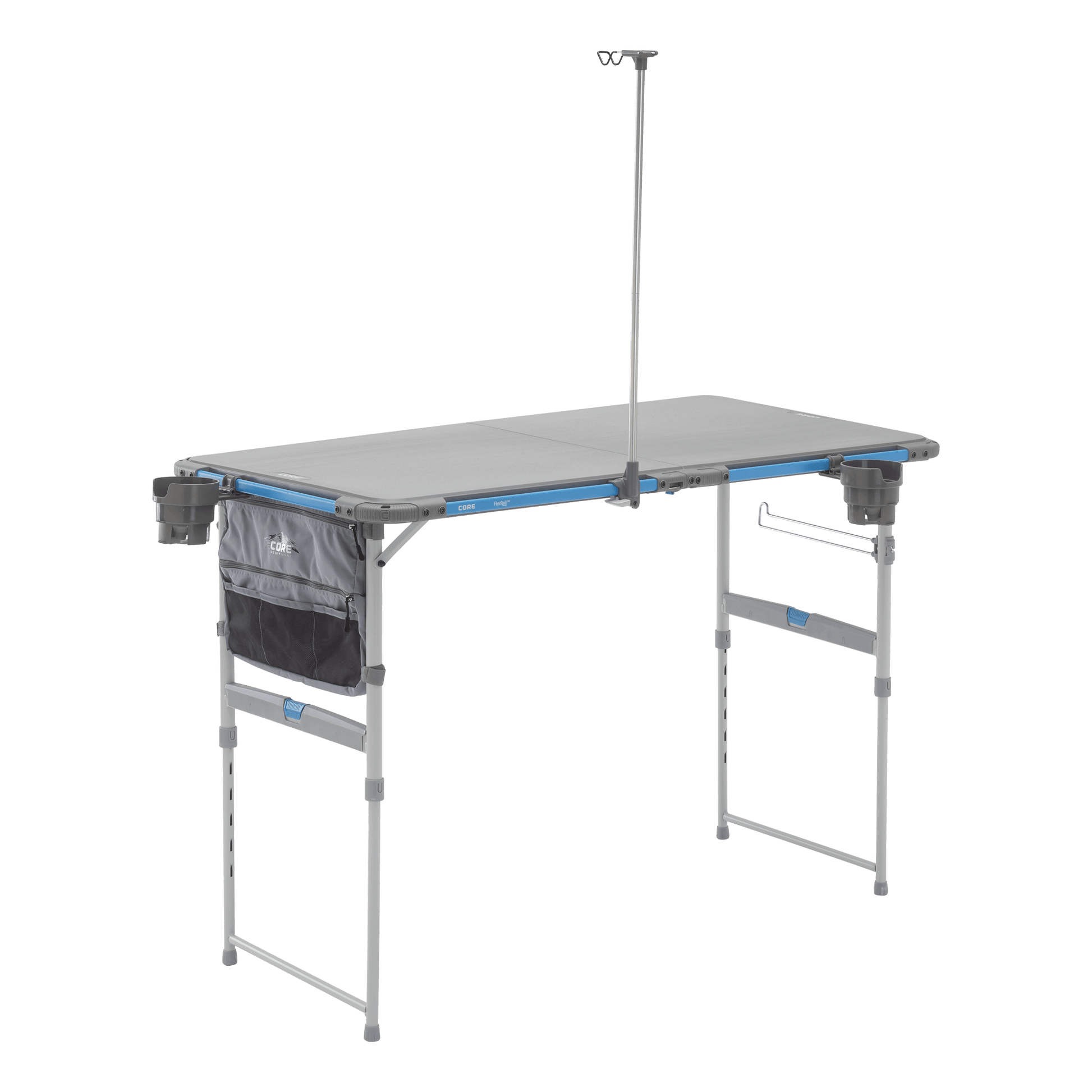 CORE folding camp table with lantern holder, cup holders, and accessory bag for outdoor cooking and camping.