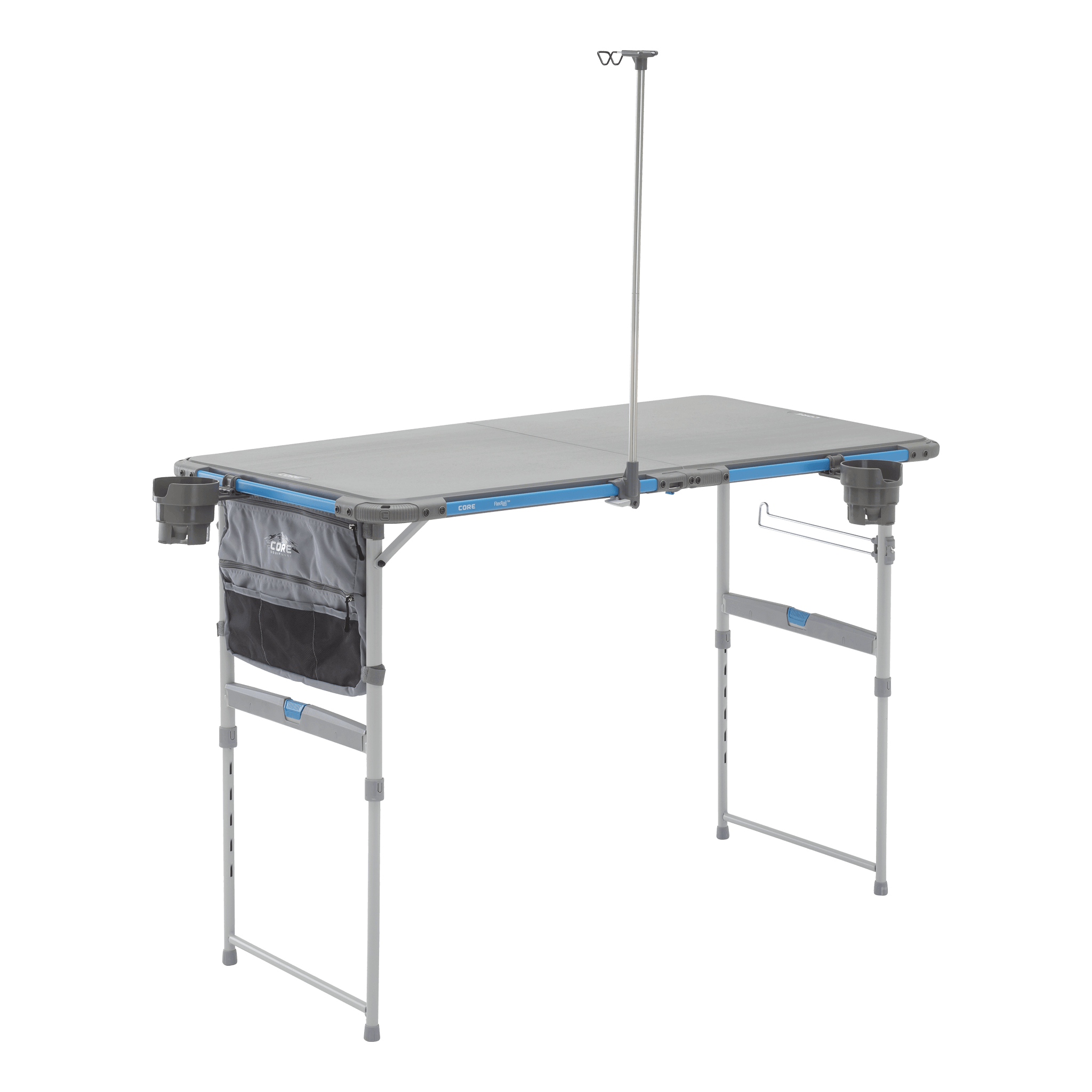 CORE folding camp table with lantern holder, cup holders, and accessory bag for outdoor cooking and camping.