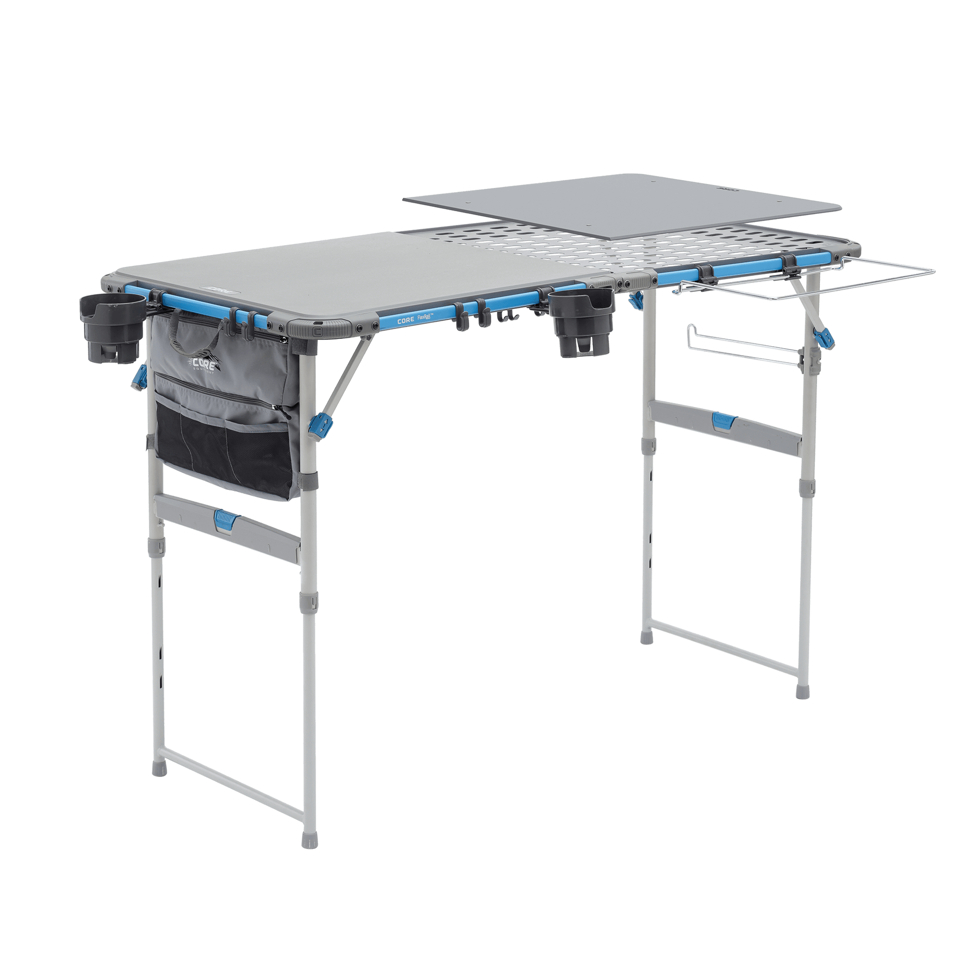 CORE folding cook table with prep table top, trash bag holder, cup holders, and accessory bag attached.