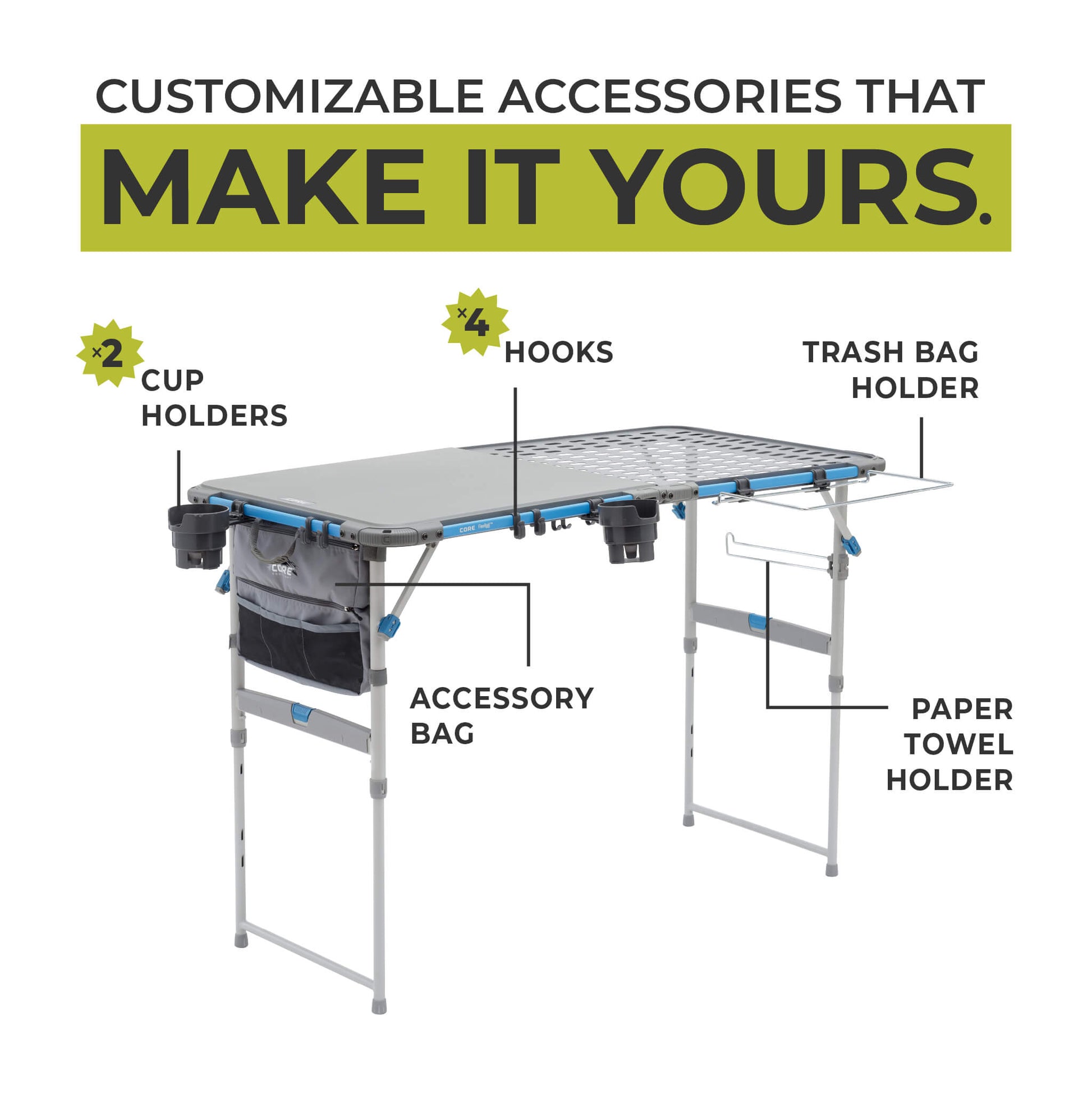 Diagram showing CORE cook table with cup holders, hooks, trash bag holder, and paper towel holder.