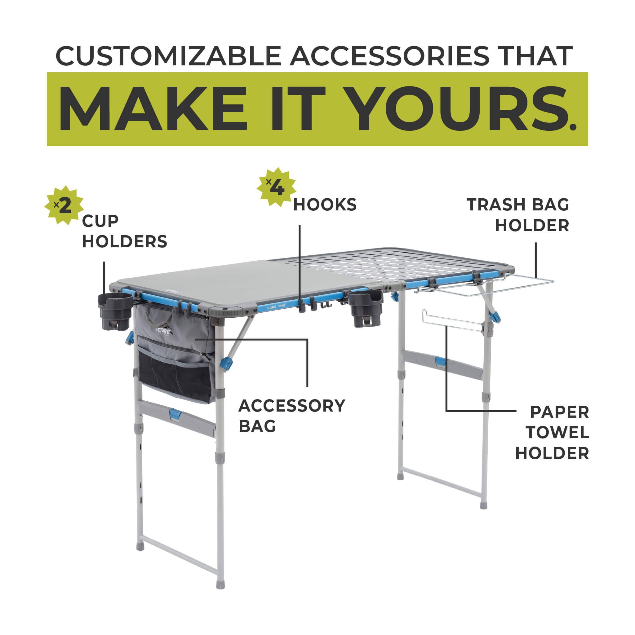 Diagram showing CORE cook table with cup holders, hooks, trash bag holder, and paper towel holder.