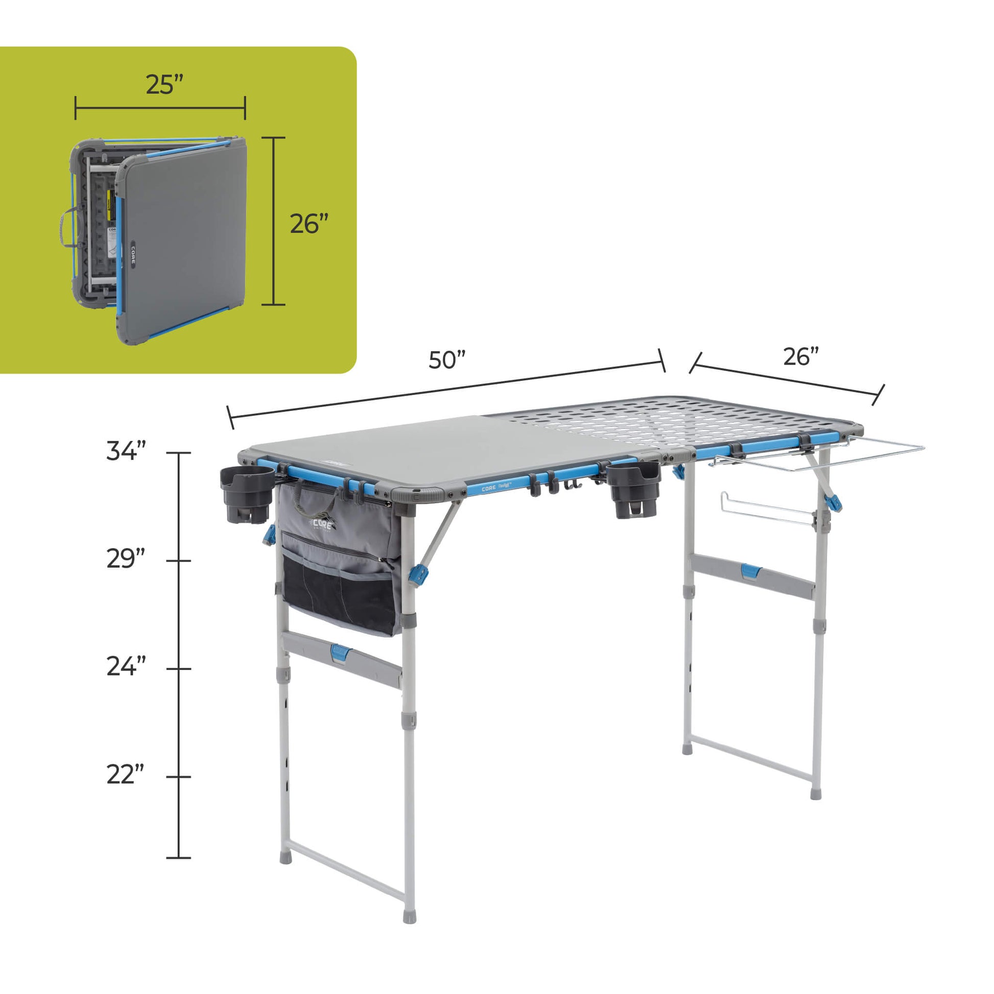 CORE folding cook table with dimensions 50 x 26 inches, adjustable heights from 22 to 34 inches, and compact 25 x 26 inch fold.