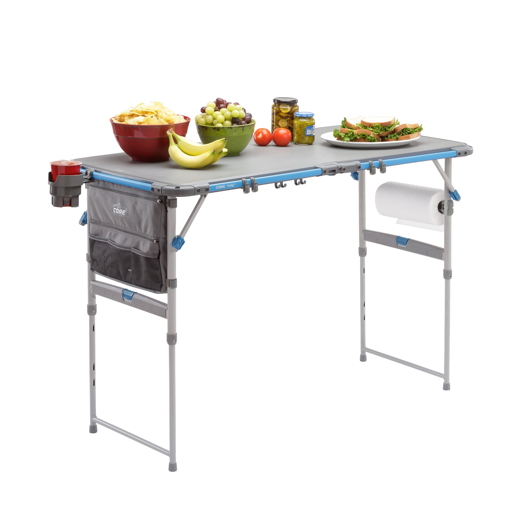 4 foot cook table with food sitting on the table.