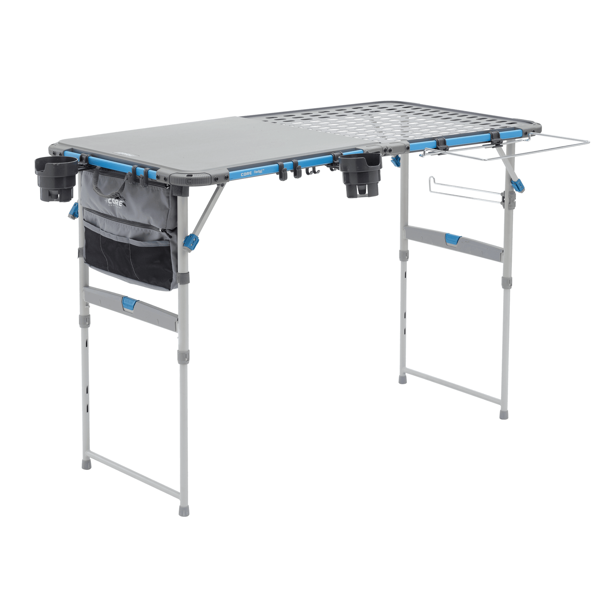 CORE folding cook table with trash bag holder, cup holders, and accessory bag attached.