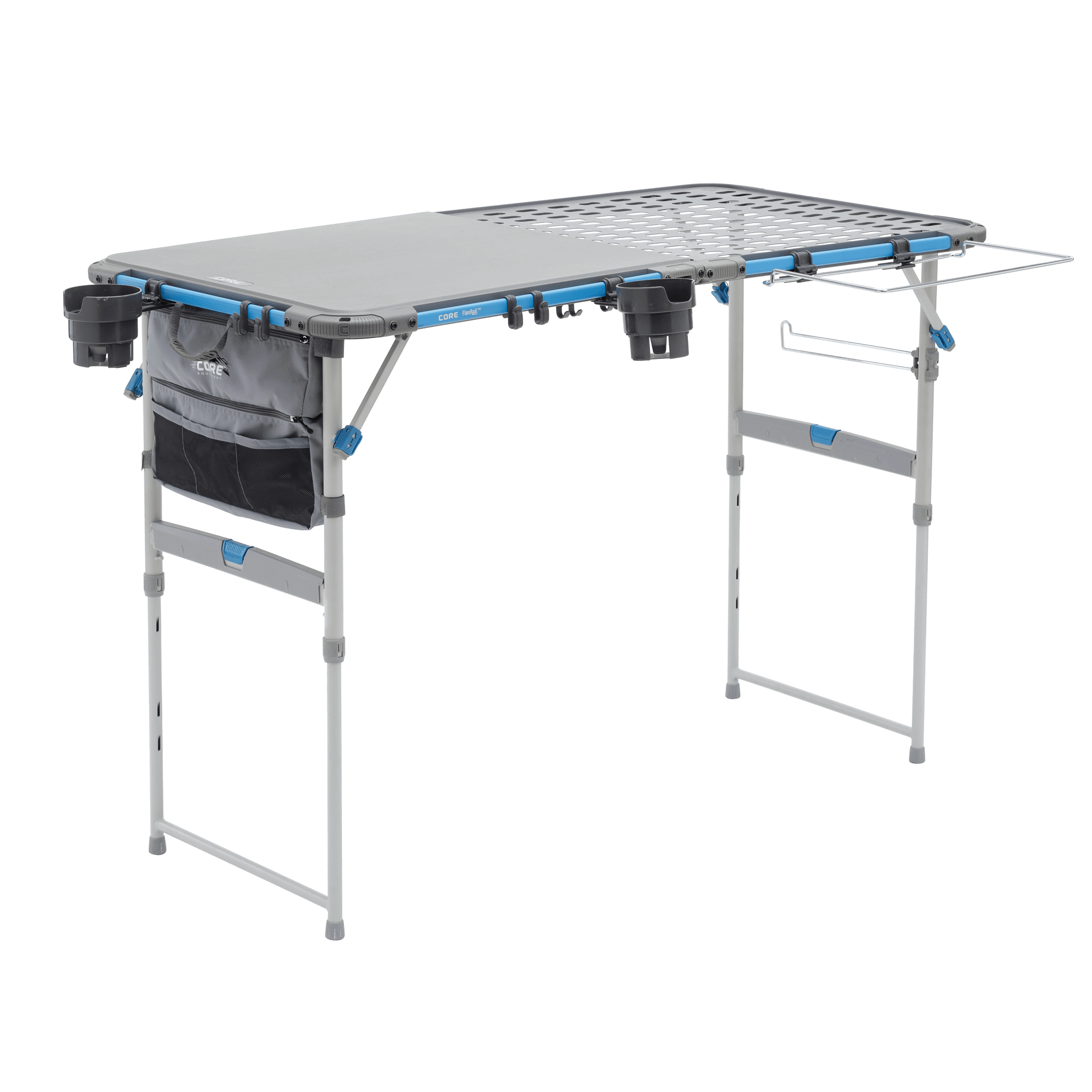CORE folding cook table with trash bag holder, cup holders, and accessory bag attached.