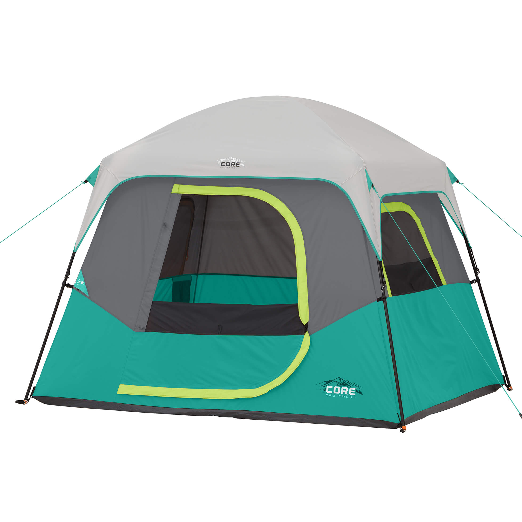 CORE 4 person straight wall cabin tent in teal and gray shown fully set up with large windows and tall standing-height design.