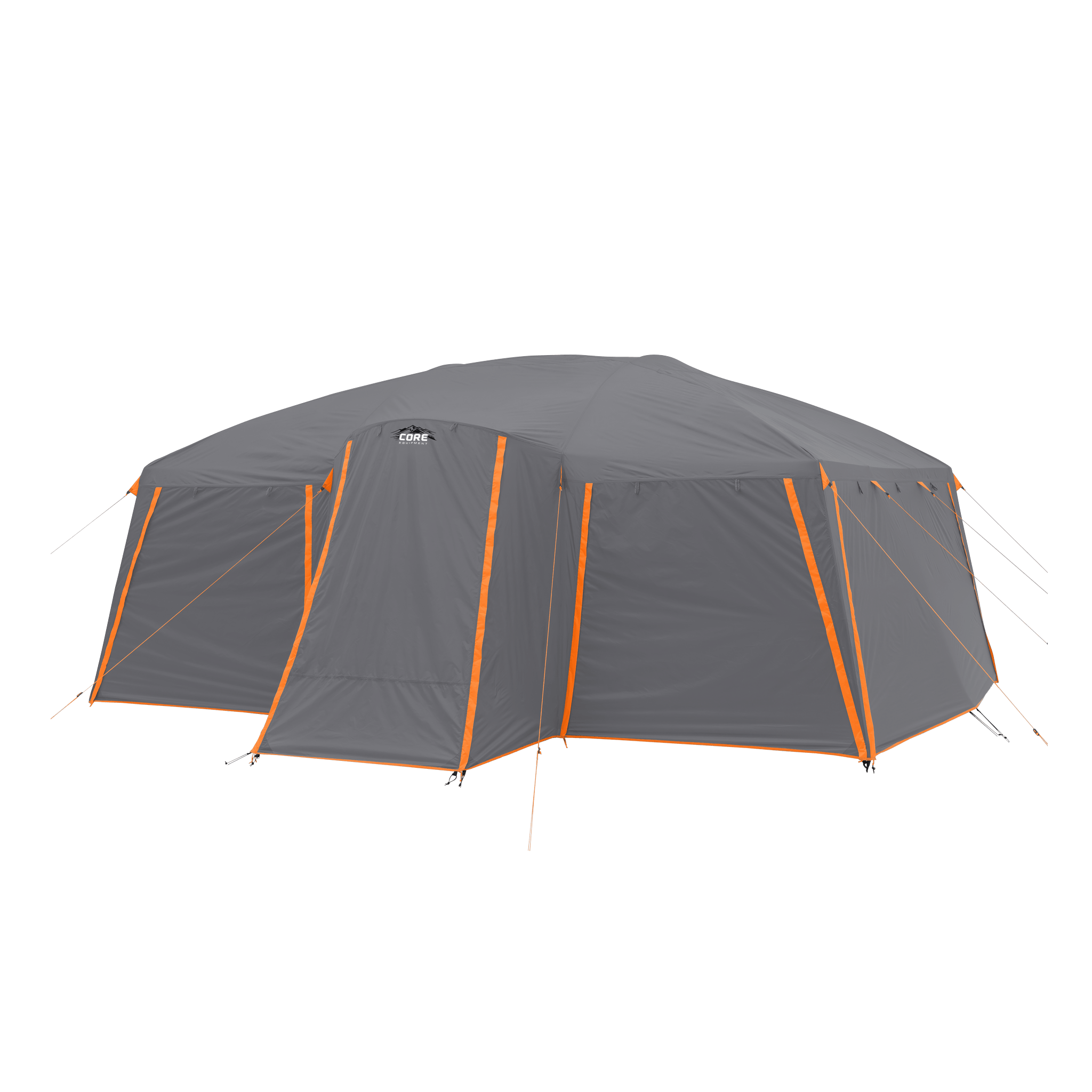 Gray rainfly with orange accents for 12 person straight wall cabin tent with full rainfly.