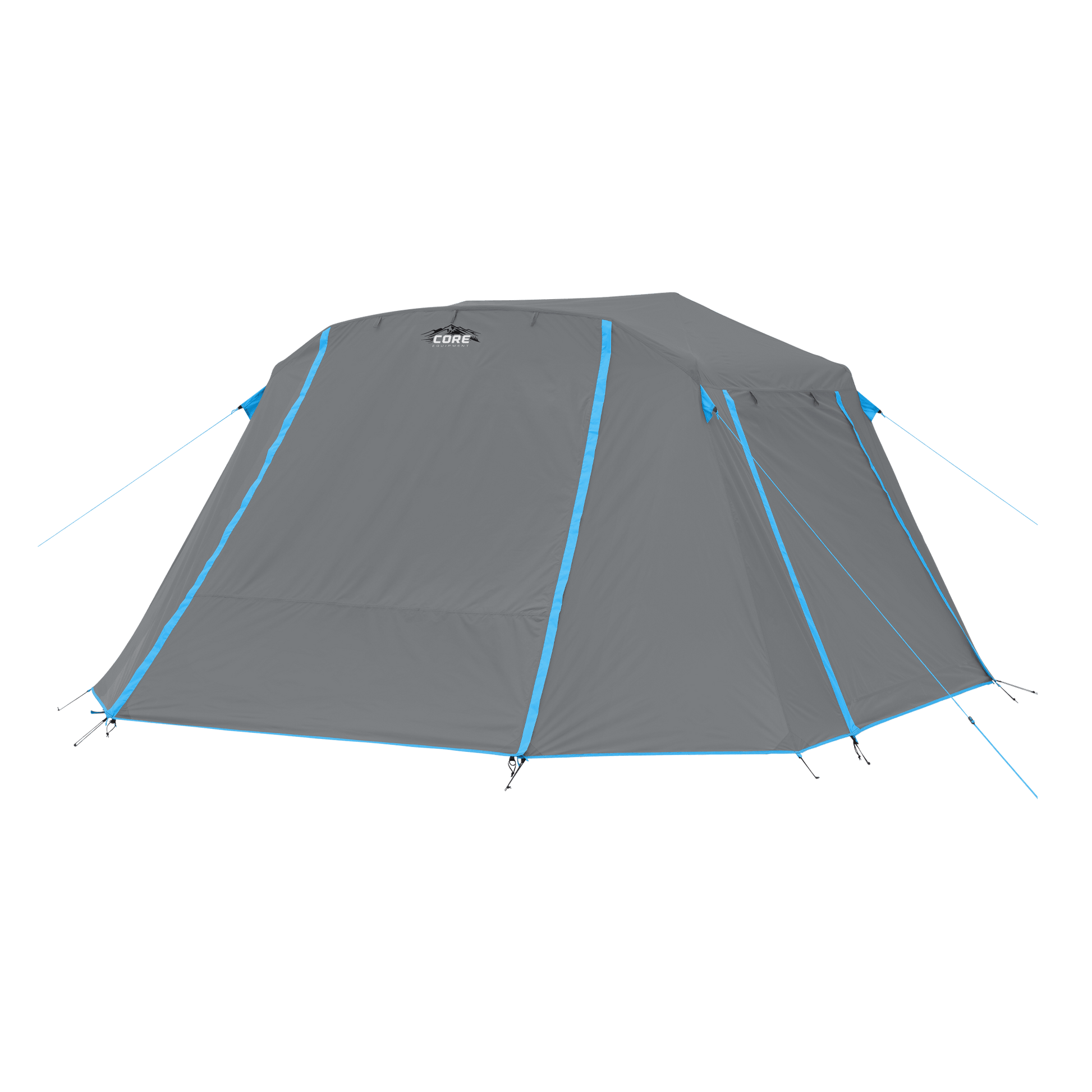 Gray tent with blue accents on a black background