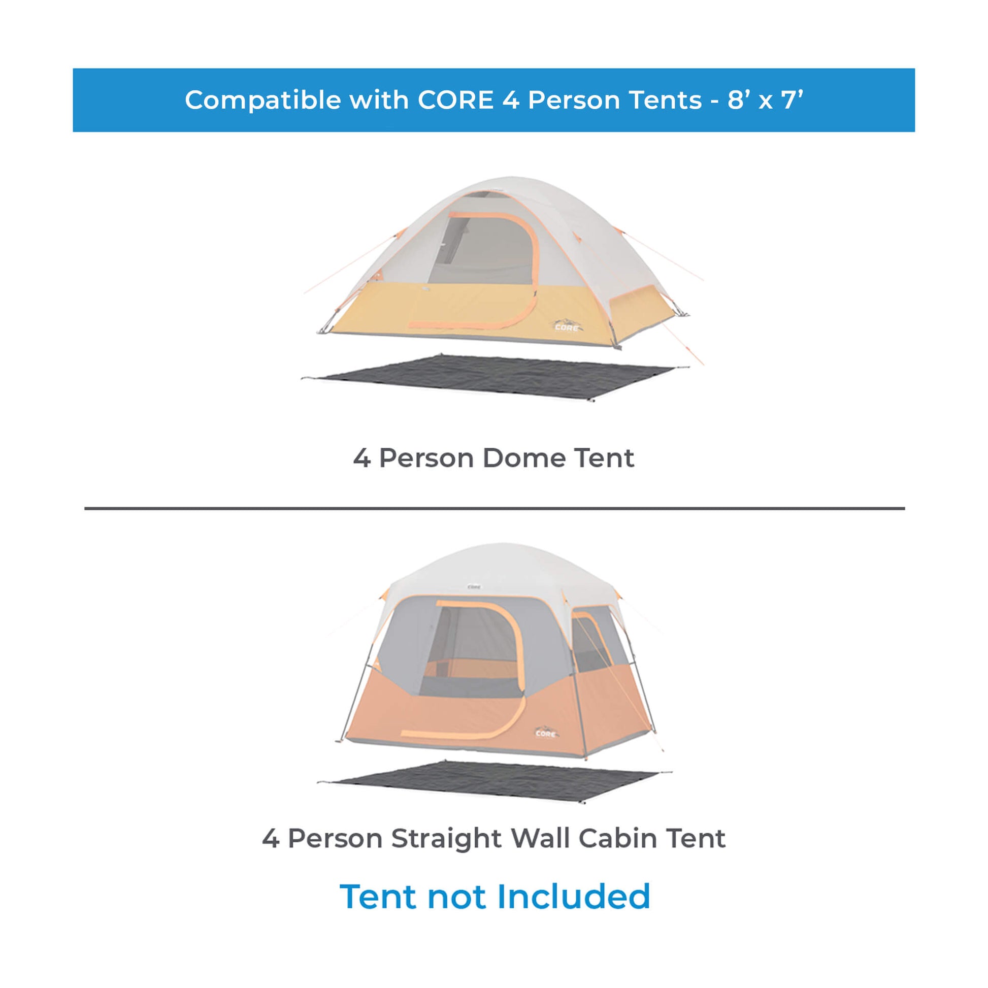 Chart showing CORE 4 person tent footprint compatibility with standard dome and cabin tent.
