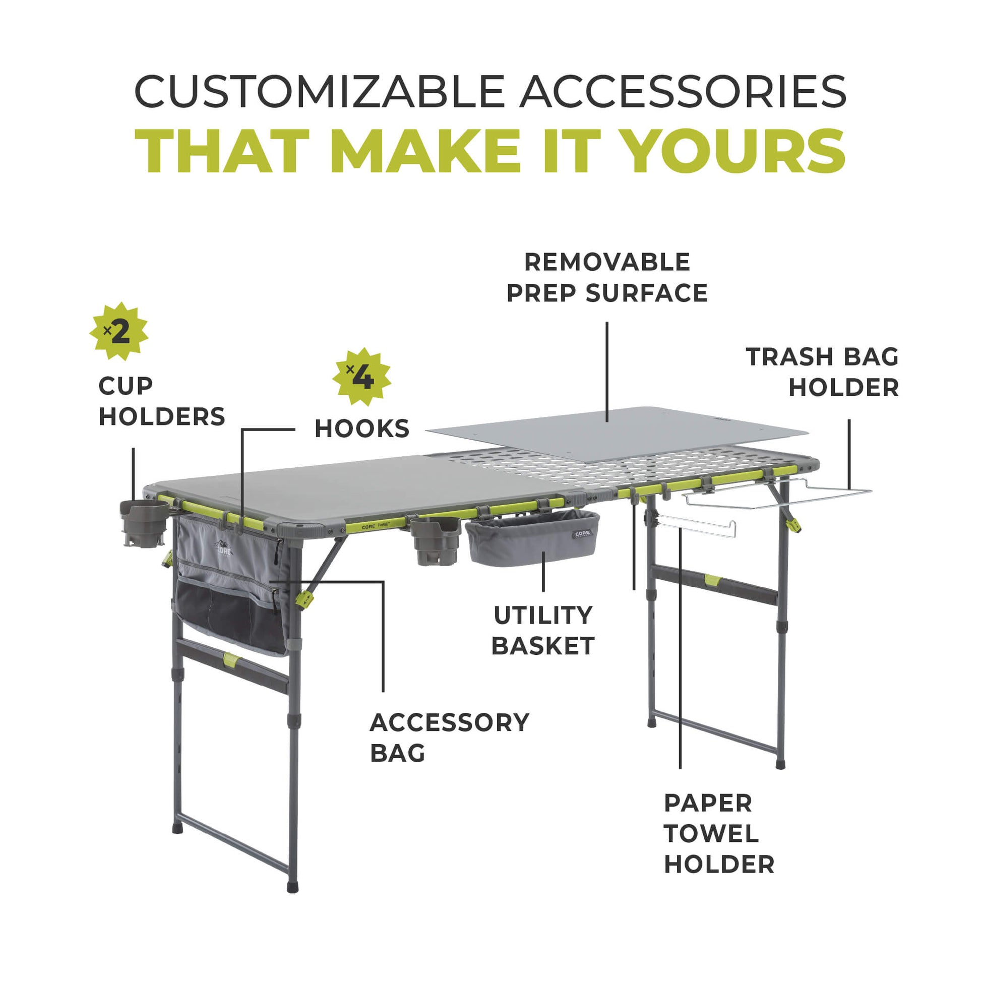 Diagram showing CORE cook table with cup holders, hooks, trash bag holder, utility basket, removable prep surface and paper towel holder.
