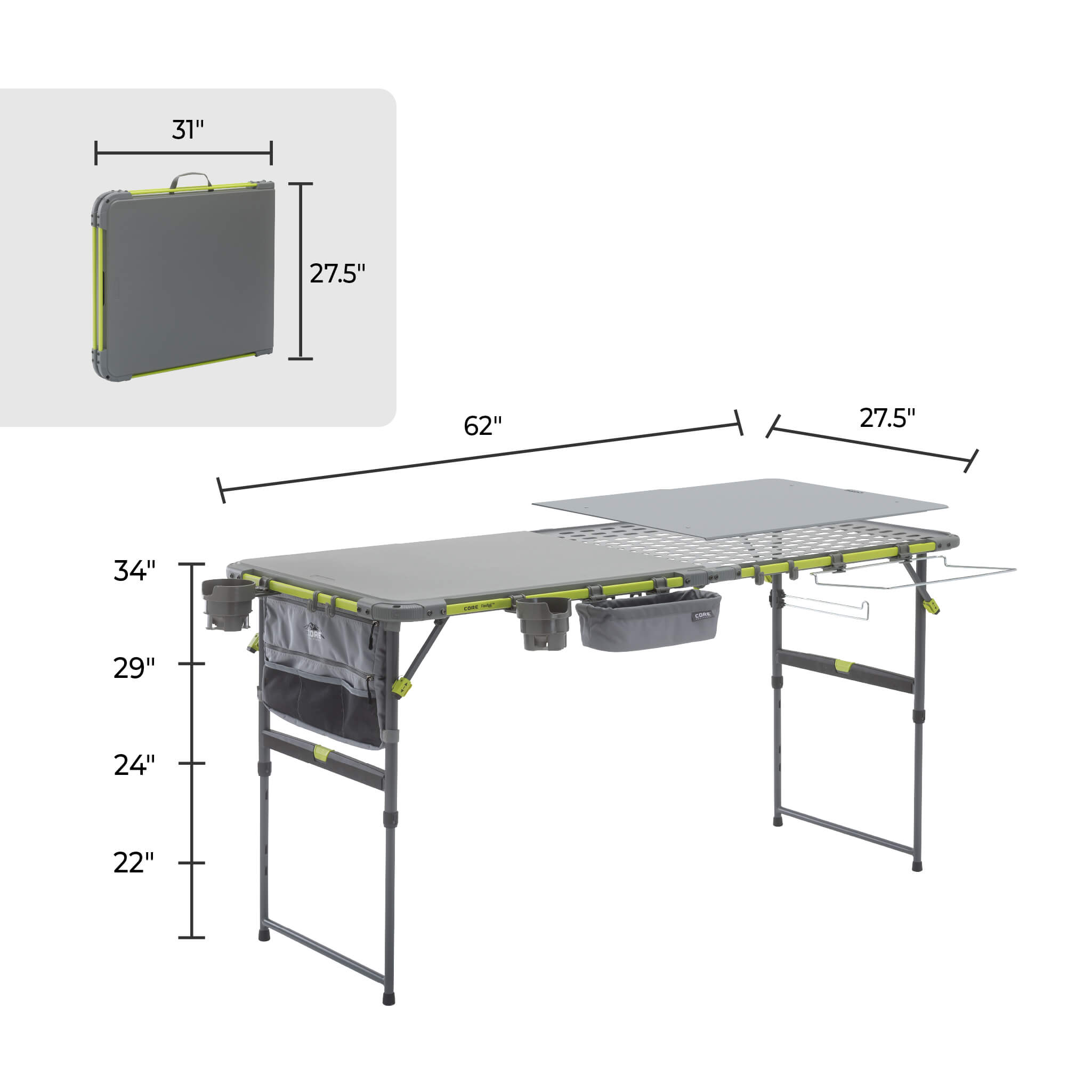 CORE folding cook table with dimensions 62 x 27.5 inches, adjustable heights from 22 to 34 inches, and a compact 31 x 27.5 inch fold.