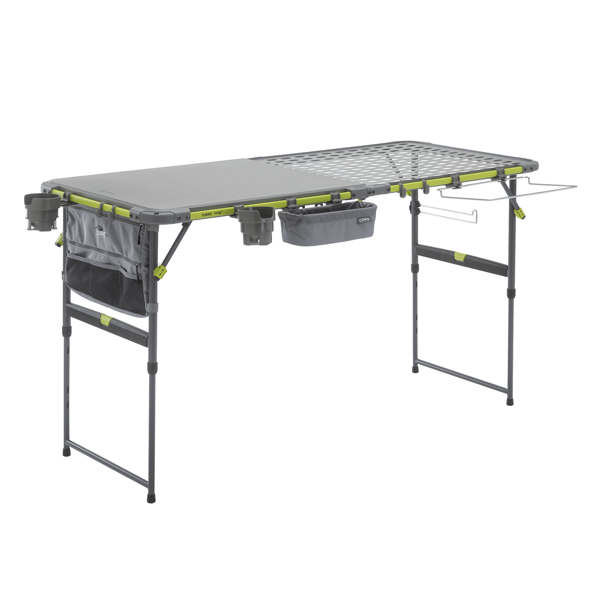 CORE folding cook table with grill top, side accessories, and green accents for outdoor cooking.