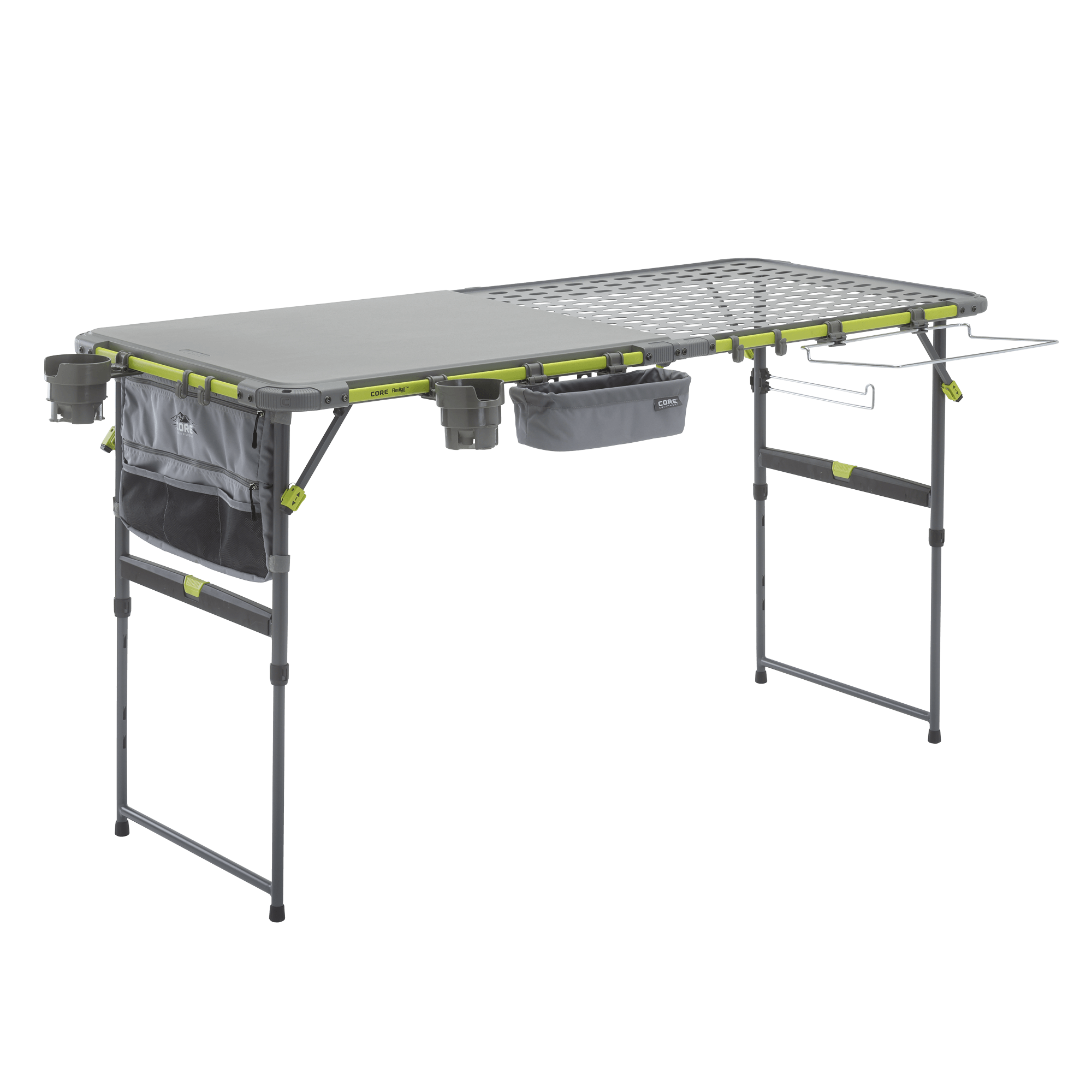 CORE folding cook table with grill top, side accessories, and green accents for outdoor cooking.