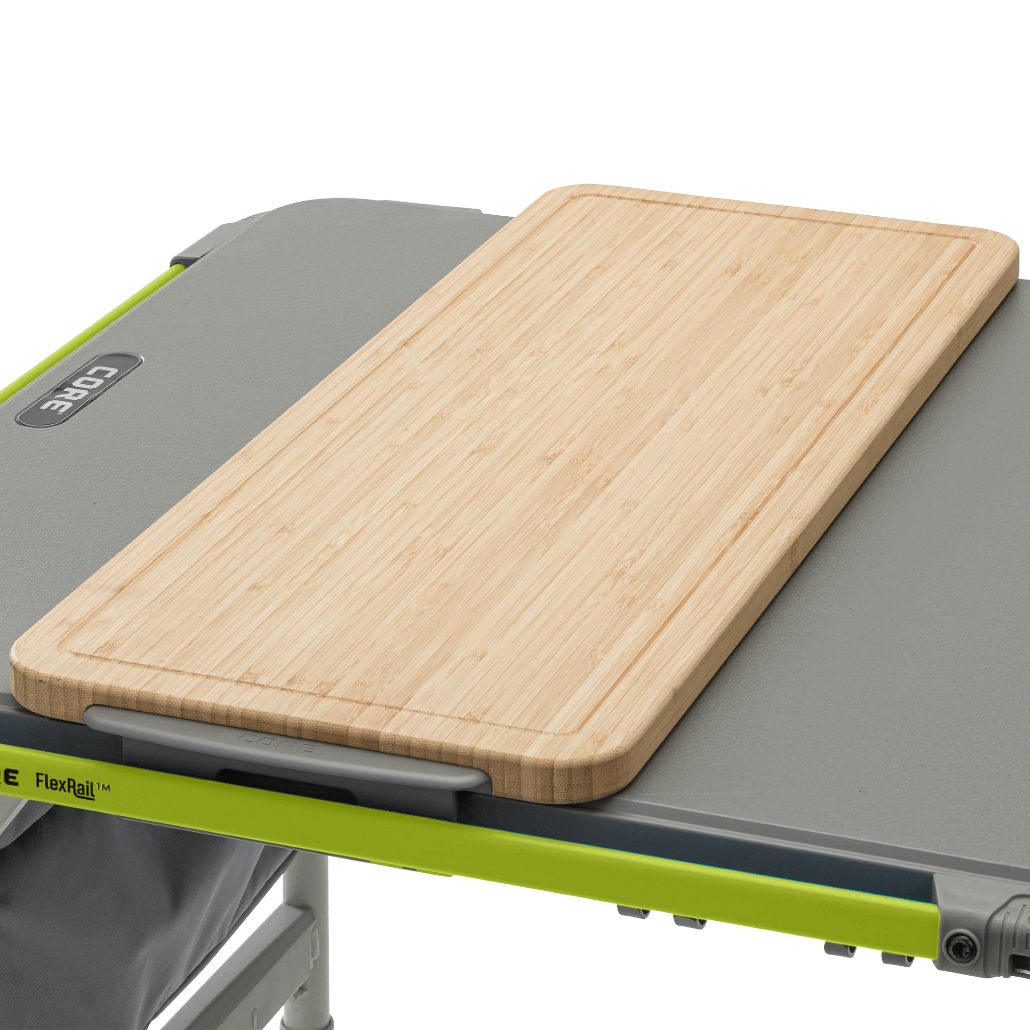 CORE bamboo cutting board accessory on camp kitchen table, designed to fit the 5 Foot FlexRail table for outdoor meal prep convenience.
