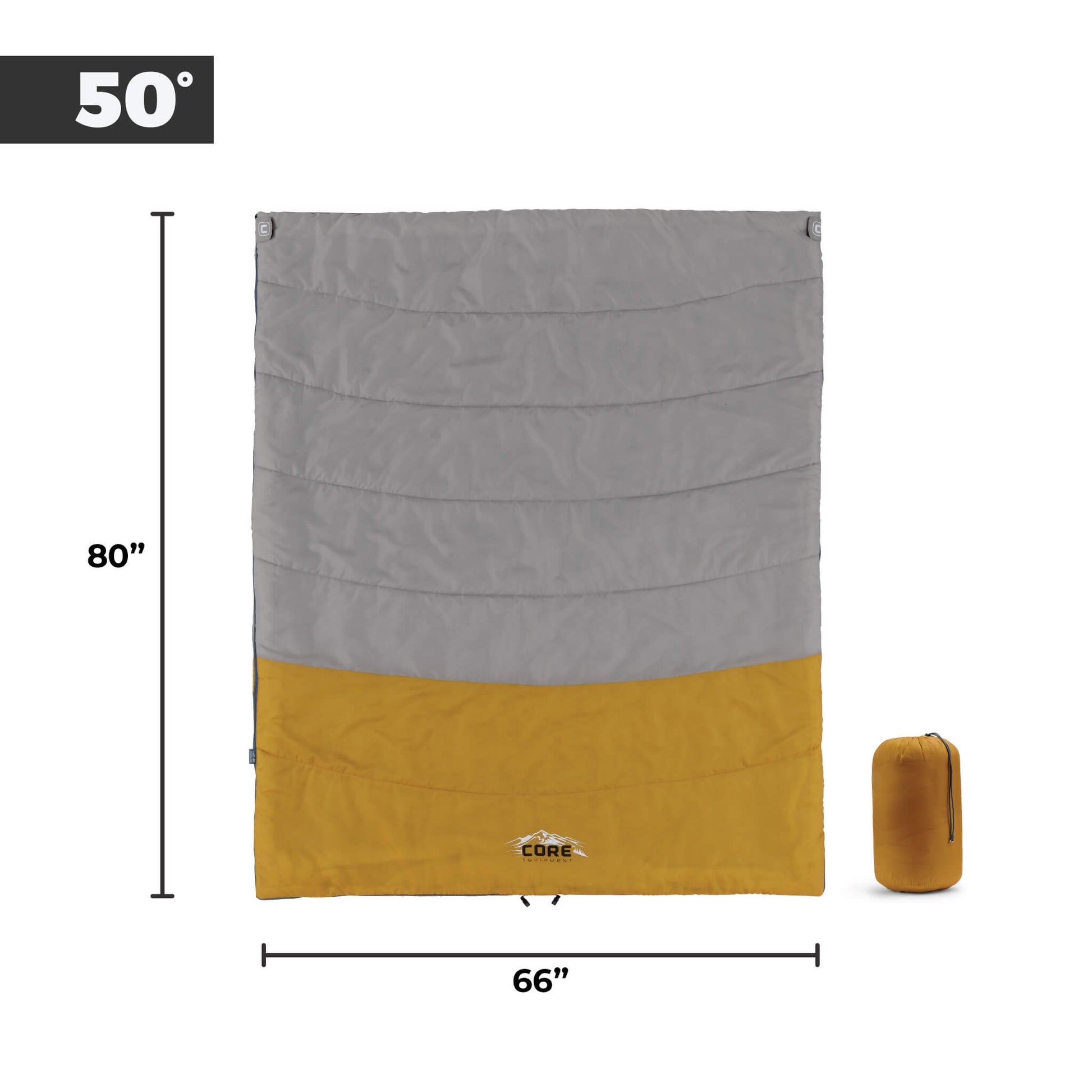 CORE 50 Degree double sleeping bag dimensions, 80 inches long by 66 inches wide.