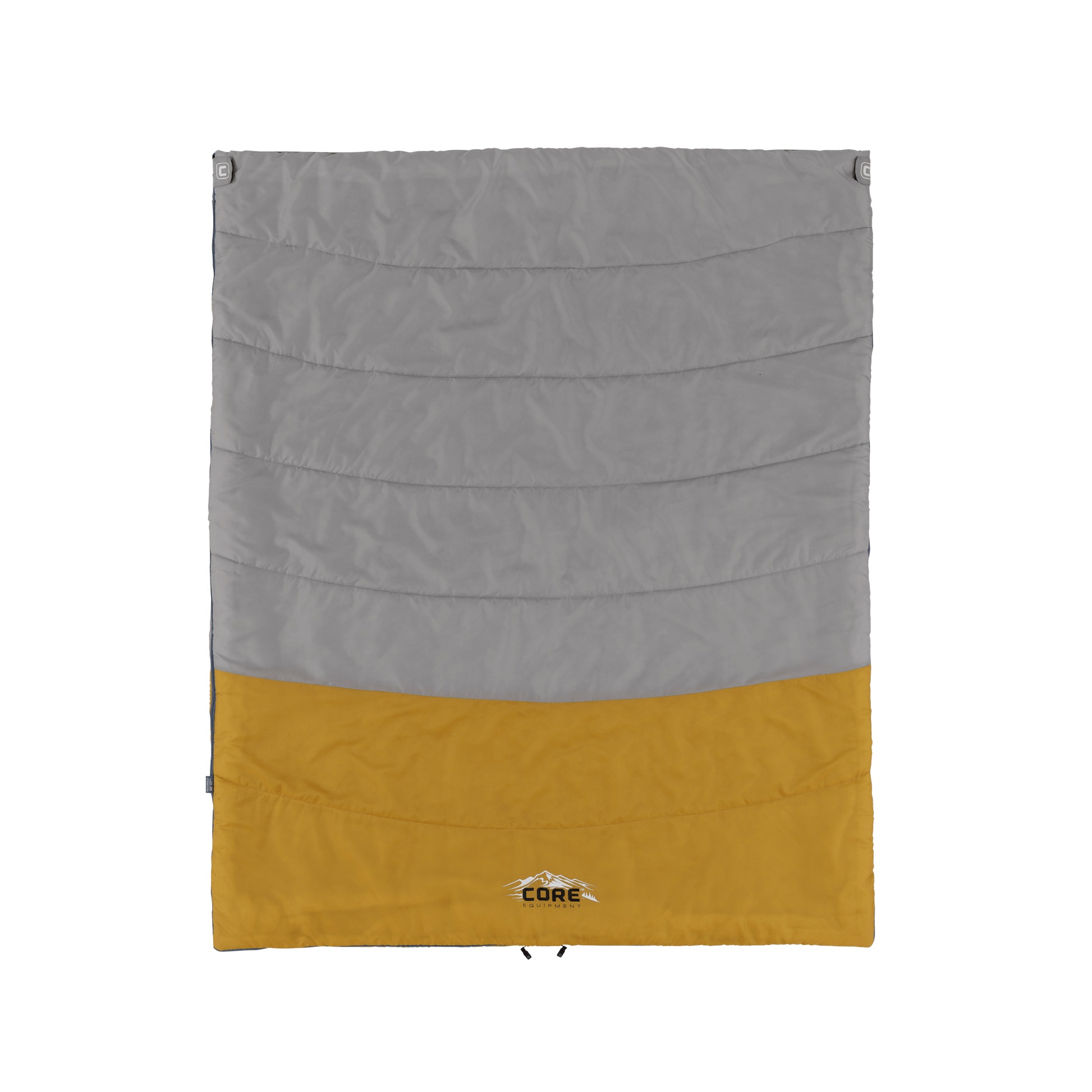 CORE 50 Degree double rectangular sleeping bag in gray and orange with logo at the bottom.