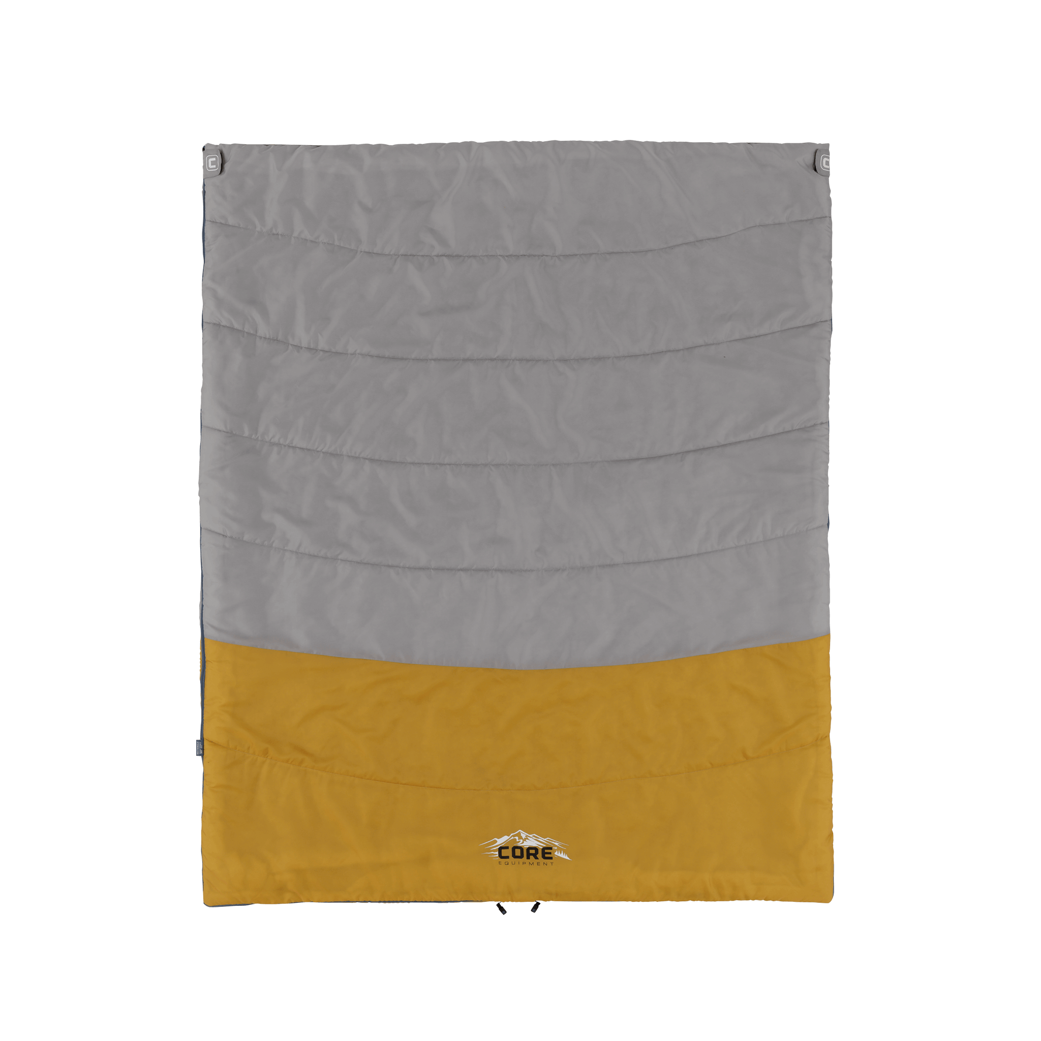 CORE 50 Degree double rectangular sleeping bag in gray and orange with logo at the bottom.