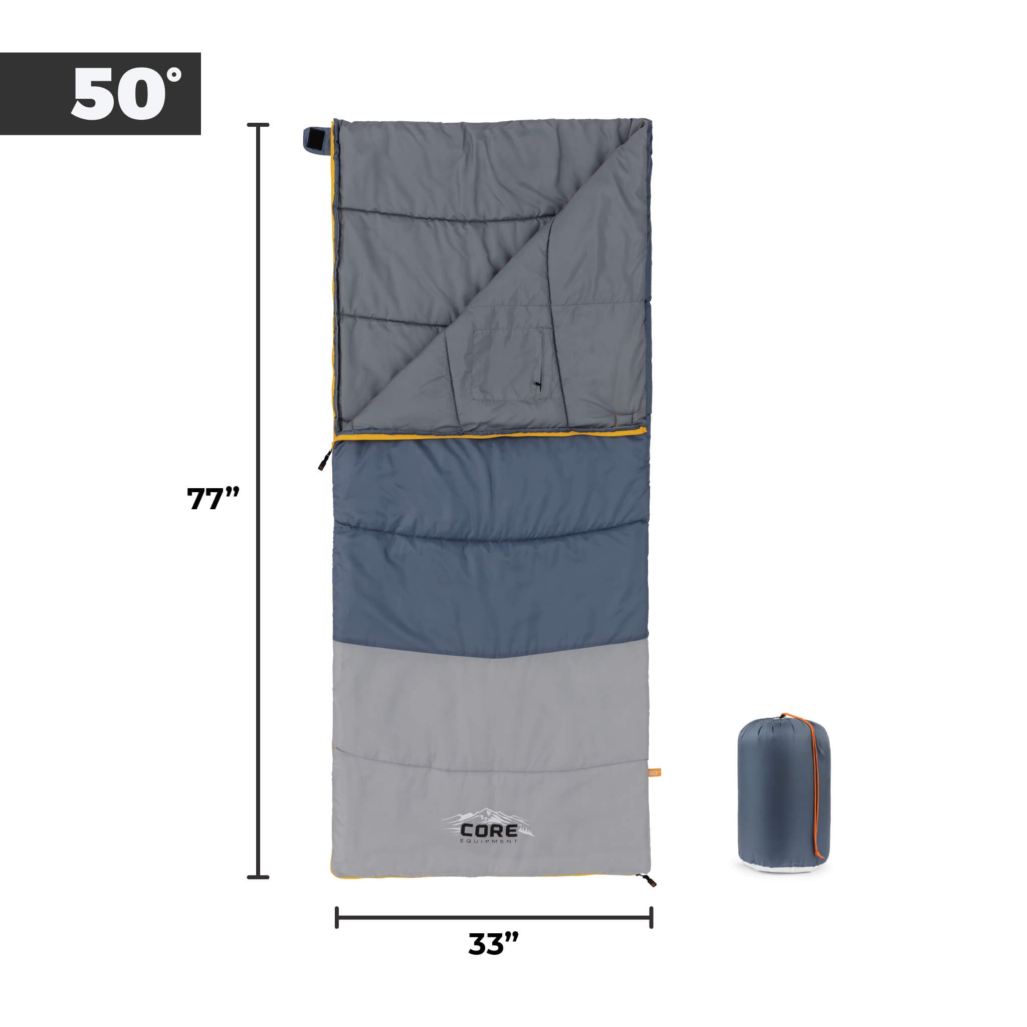 CORE 50 Degree sleeping bag dimensions, 77 inches long by 33 inches wide.