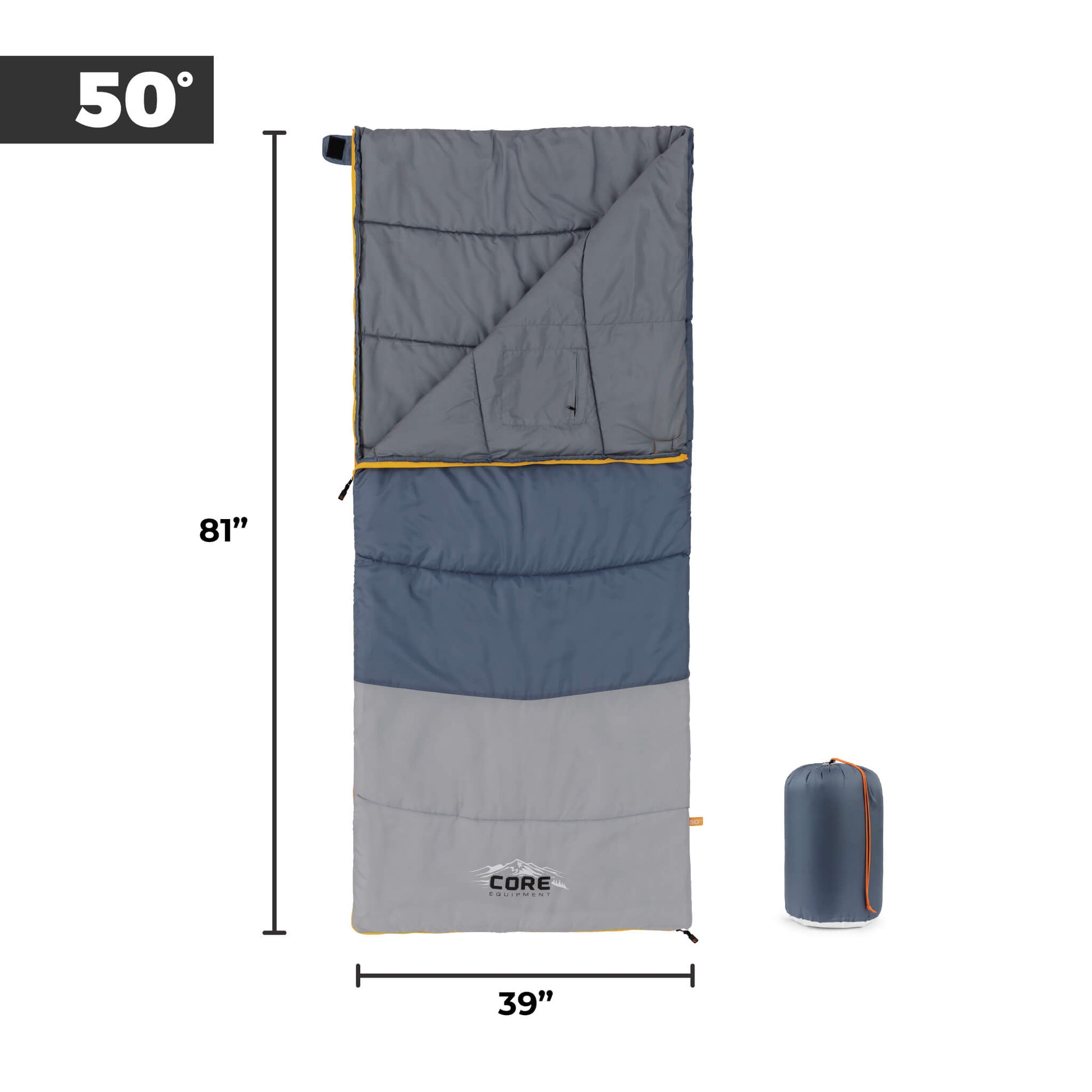 CORE 50 Degree sleeping bag dimensions, 81 inches long by 39 inches wide.