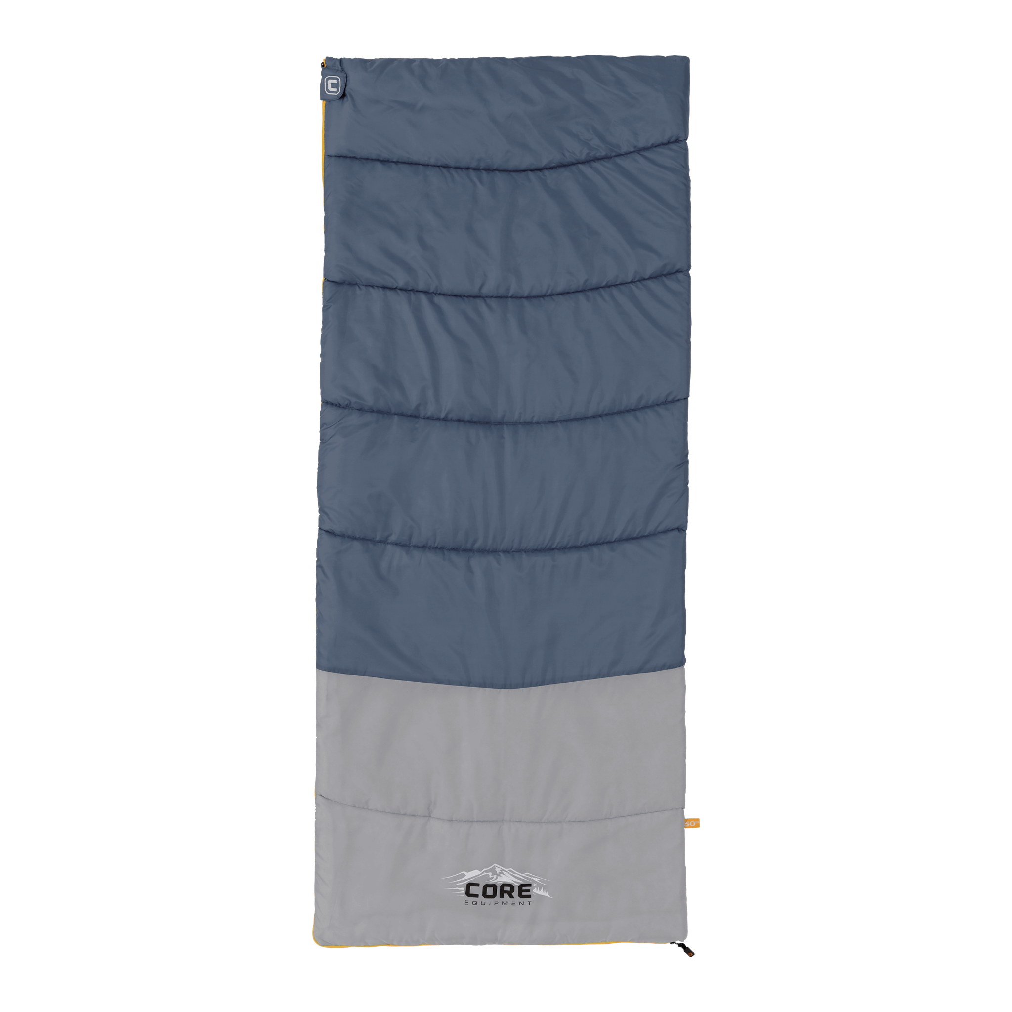 CORE 50 Degree rectangular sleeping bag in blue and gray with logo at the bottom.