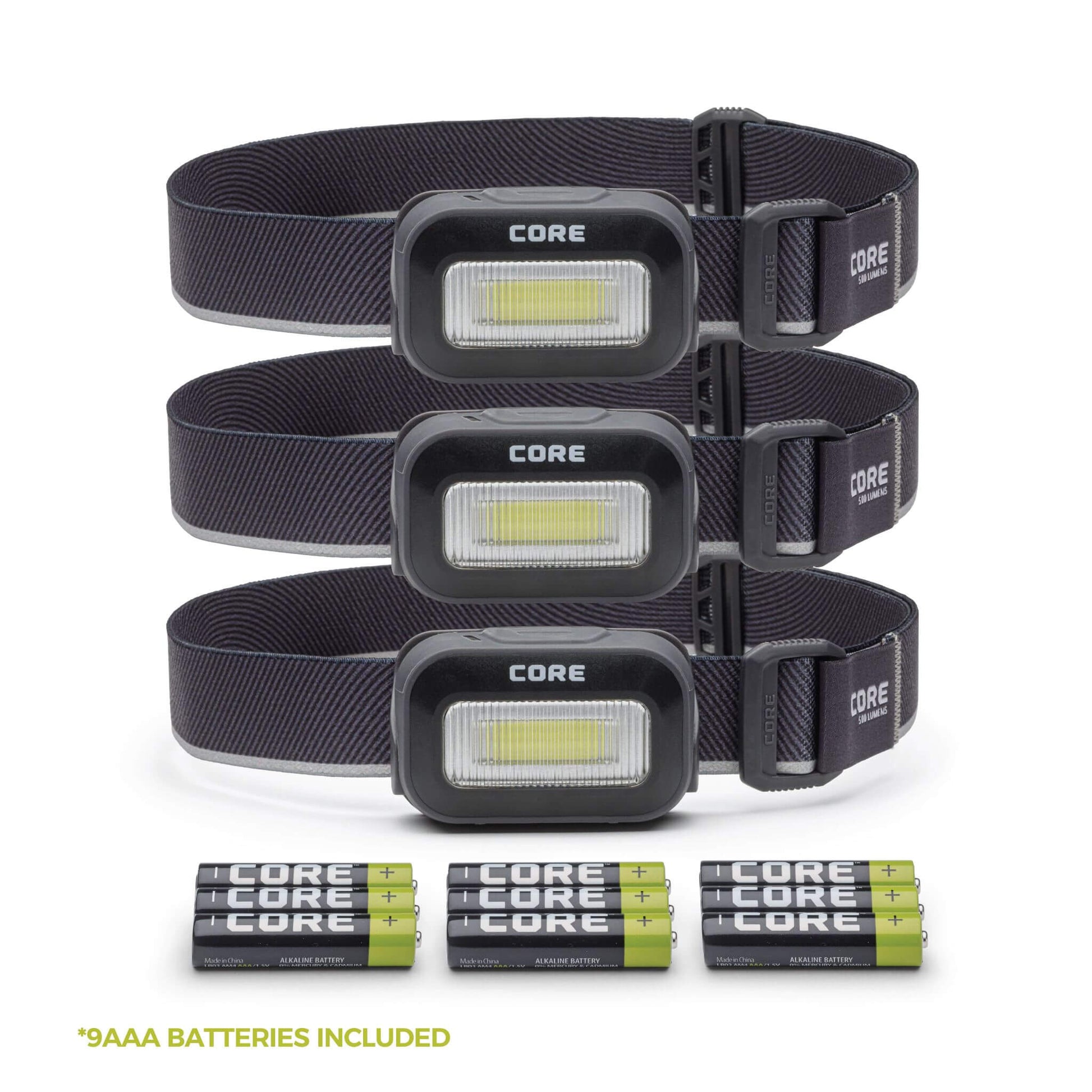 Three CORE 500 lumen headlamps in black, featuring an adjustable elastic strap, multiple light modes, and text that reads '9AAA Batteries Included'.