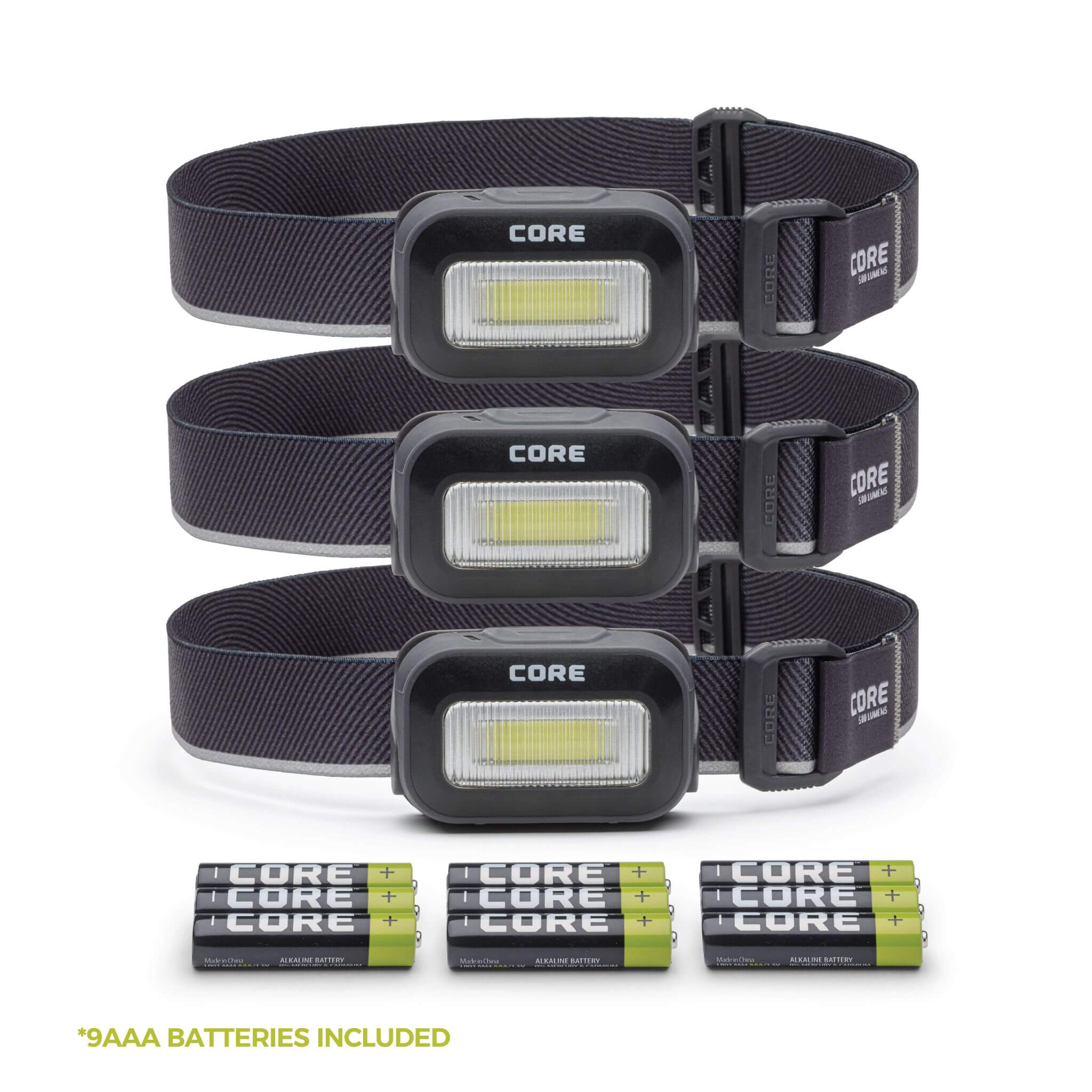 Three CORE 500 lumen headlamps in black, featuring an adjustable elastic strap, multiple light modes, and text that reads '9AAA Batteries Included'.