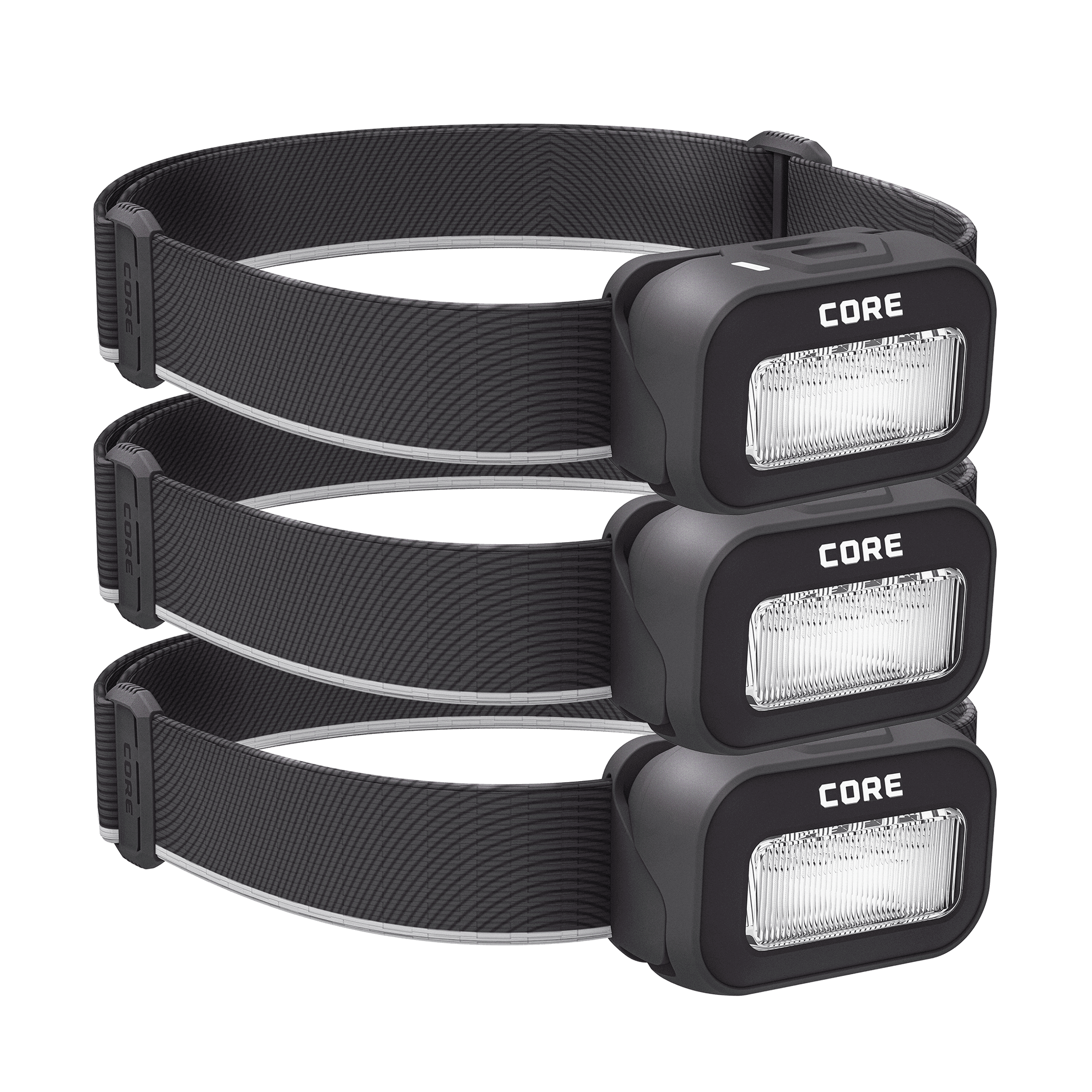 Three CORE 500 lumen headlamps in black, featuring an adjustable elastic strap, multiple light modes, and a USB-C charging port.