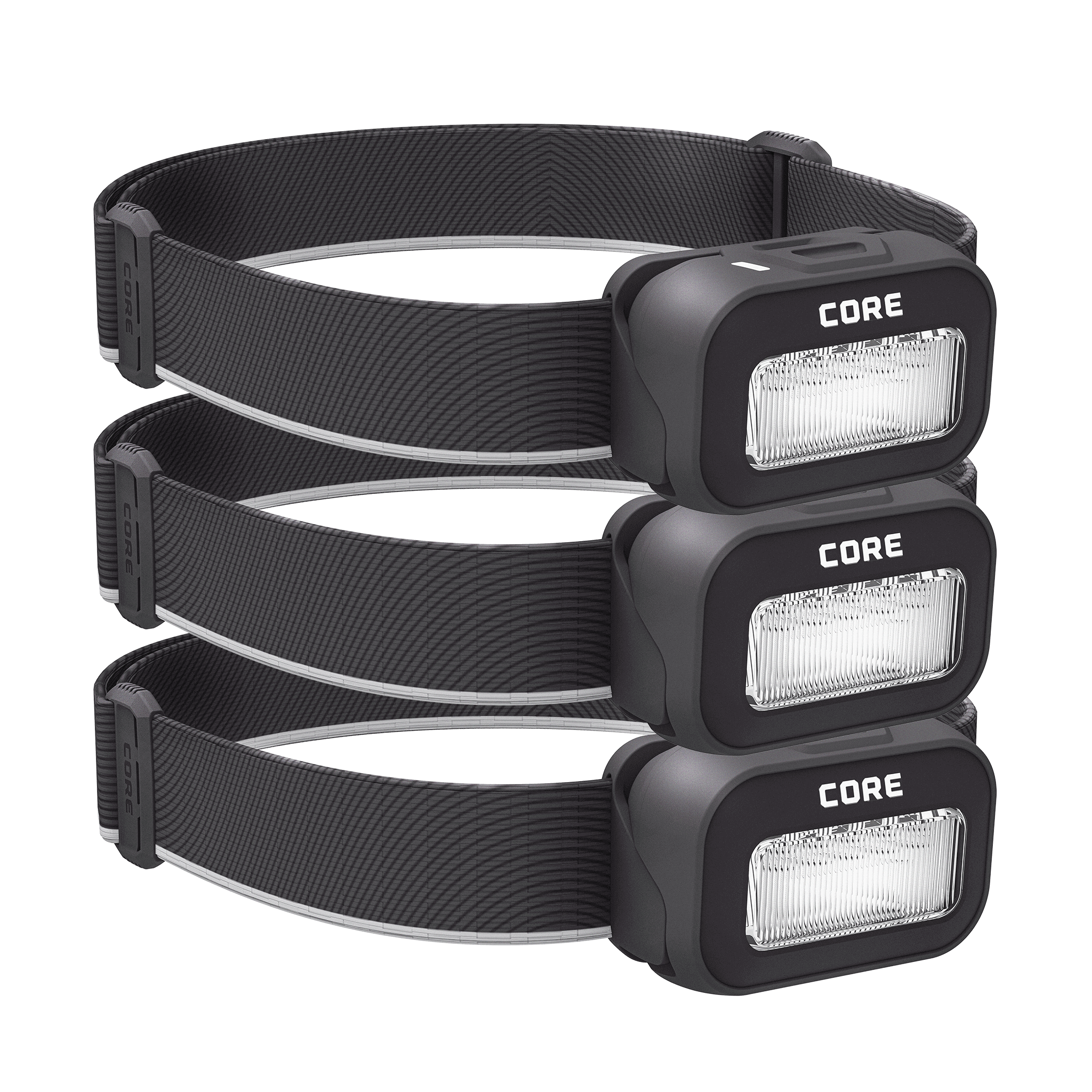 Three CORE 500 lumen headlamps in black, featuring an adjustable elastic strap, multiple light modes, and a USB-C charging port.