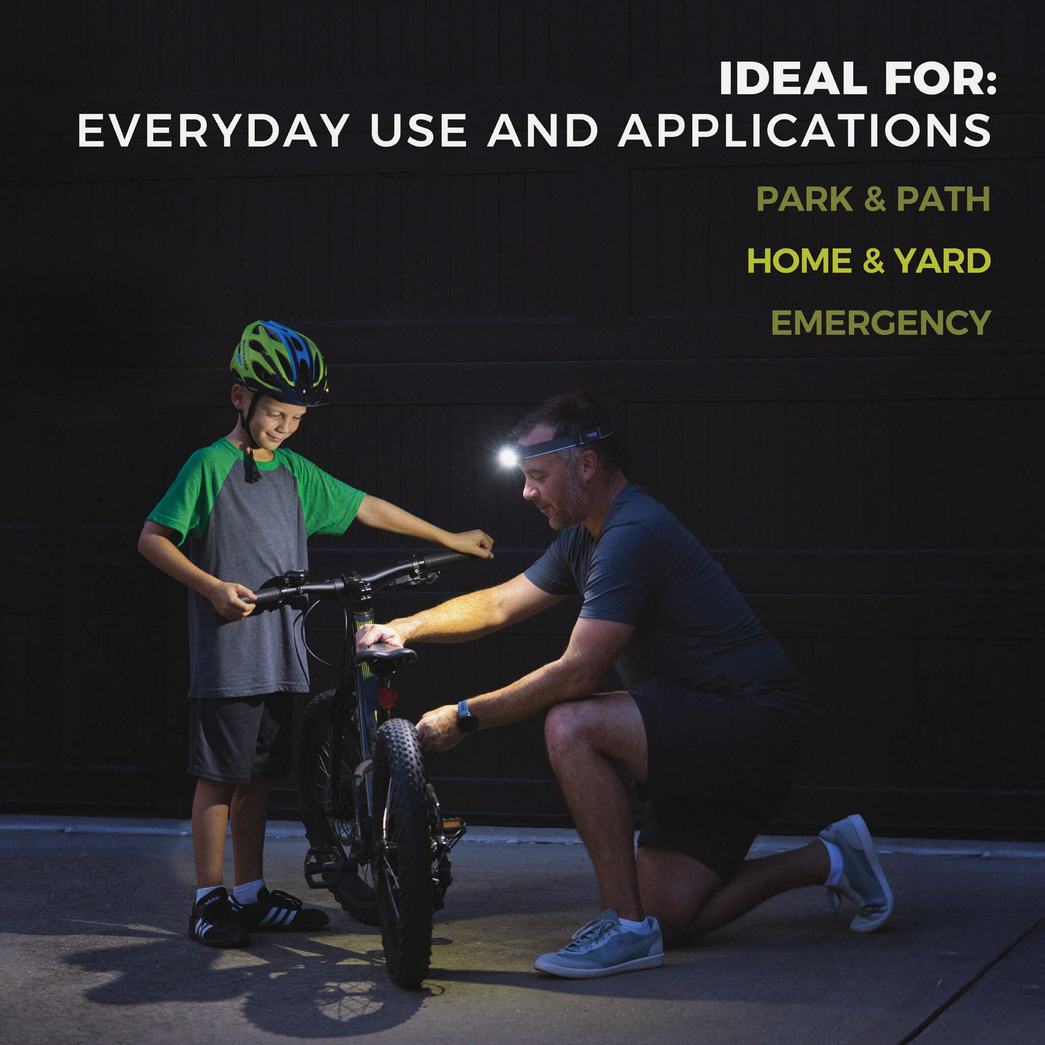 Image shows text: Ideal For Everyday Use and Applications, Park & Path, Home & Yard, Emergency, with people using headlamps at night.