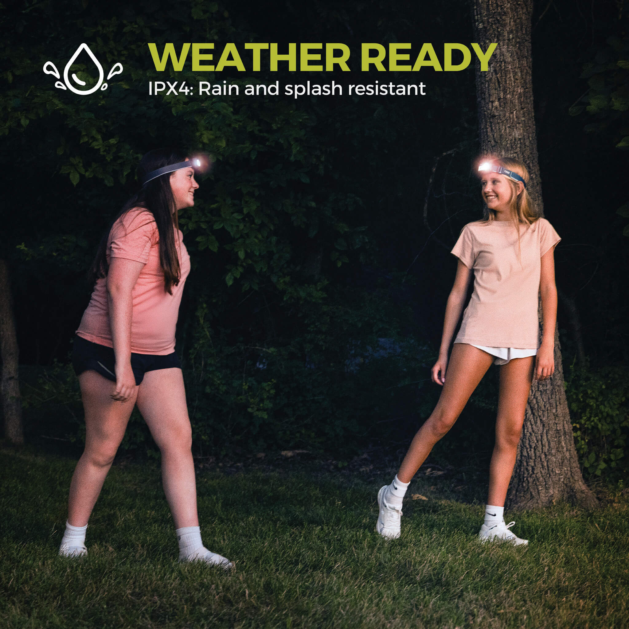 Image shows text: Weather Ready, IPX4 rain and splash resistant, with two people wearing the CORE 500 Lumen Headlamp outdoors at night.