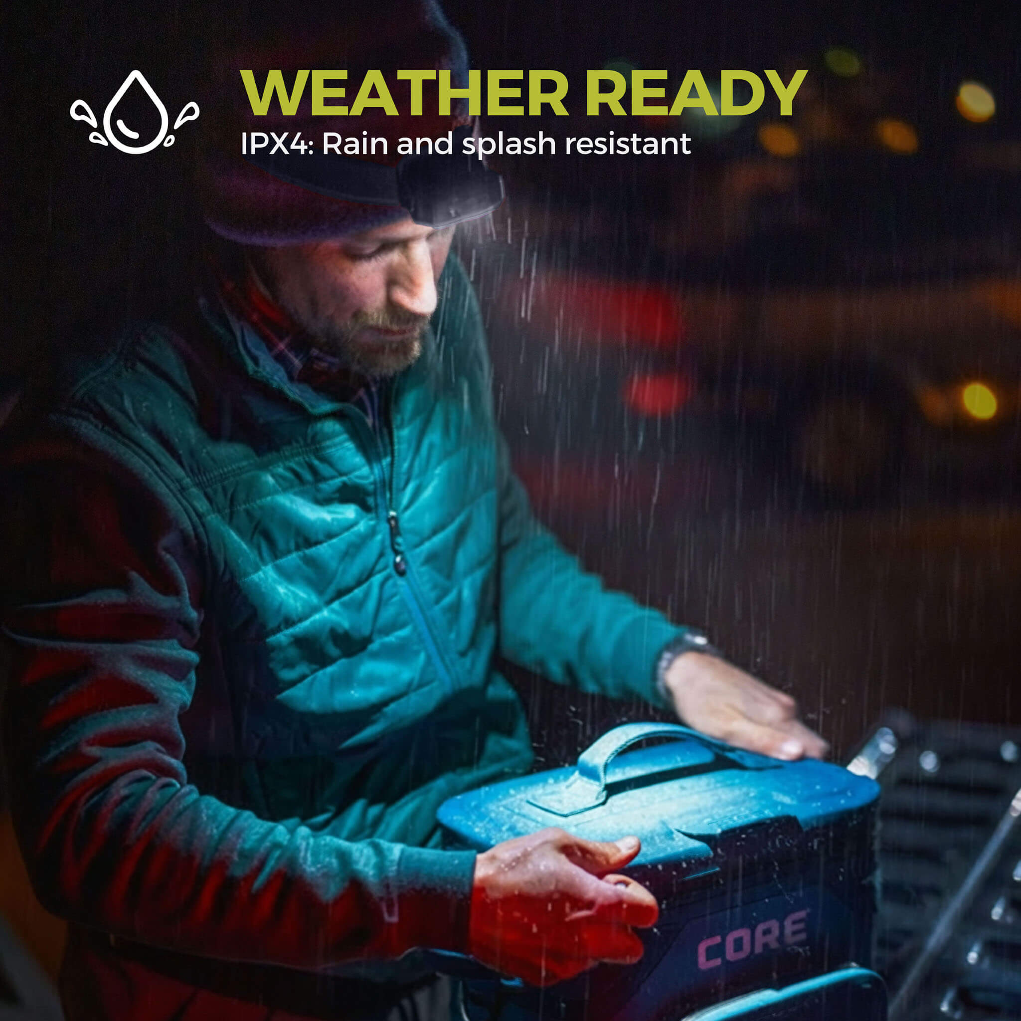 A person using a CORE 500 lumen headlamp in the rain with 'Weather Ready' text and IPX4 rating.