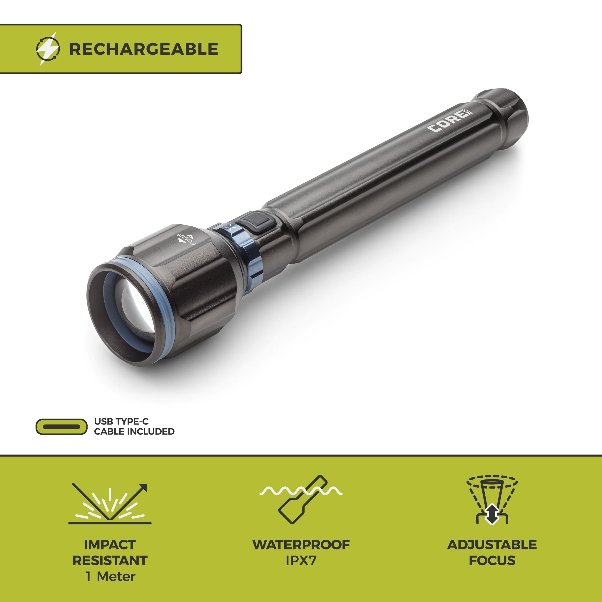 Rechargeable CORE flashlight with USB-C cable included, featuring impact resistance up to 1 meter, IPX7 waterproof rating, and adjustable focus beam.