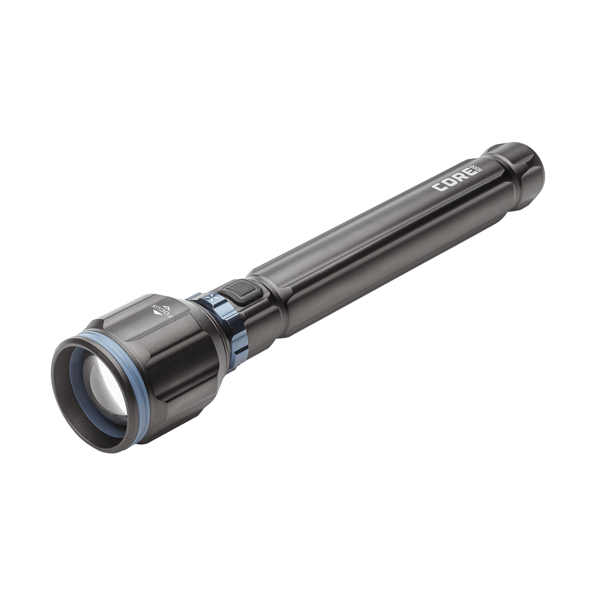 Dark gray CORE 5000 lumen rechargeable flashlights with blue accents.