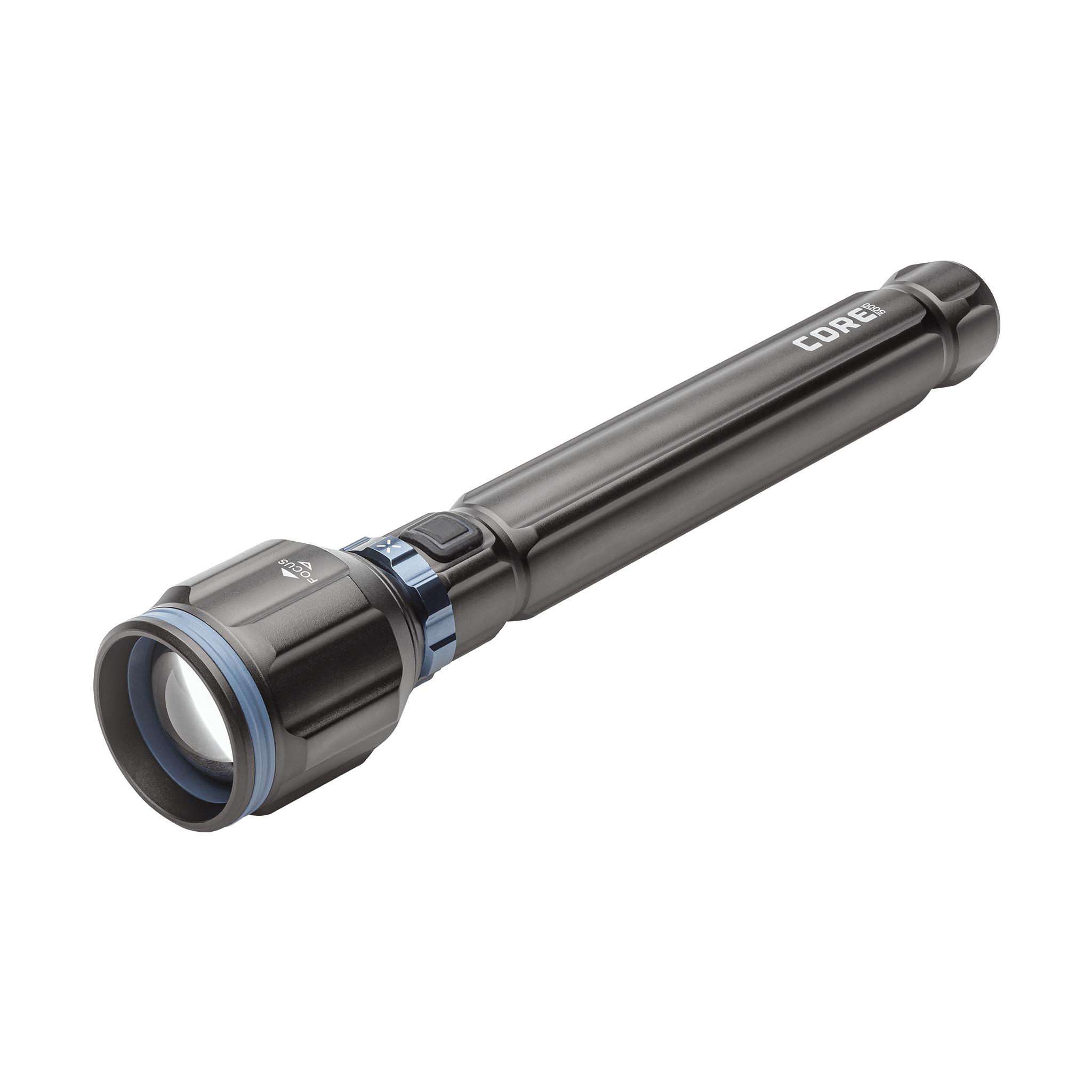 Dark gray CORE 5000 lumen rechargeable flashlights with blue accents.