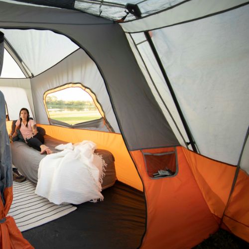 Close up of storage pocket on CORE 6 person straight wall cabin tent with screen room.